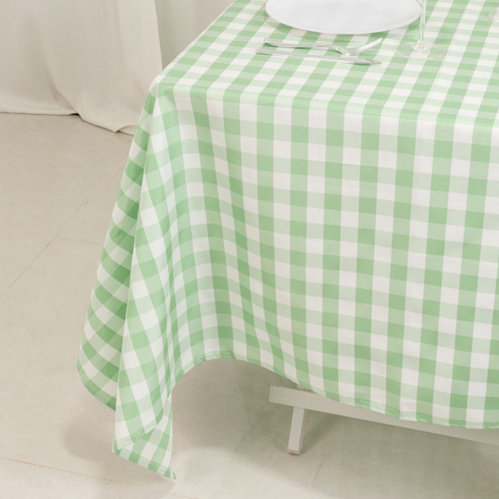 Premium Polyester Checkered Buffalo Plaid Table Cover in White/Sage Green, 70x70 Square