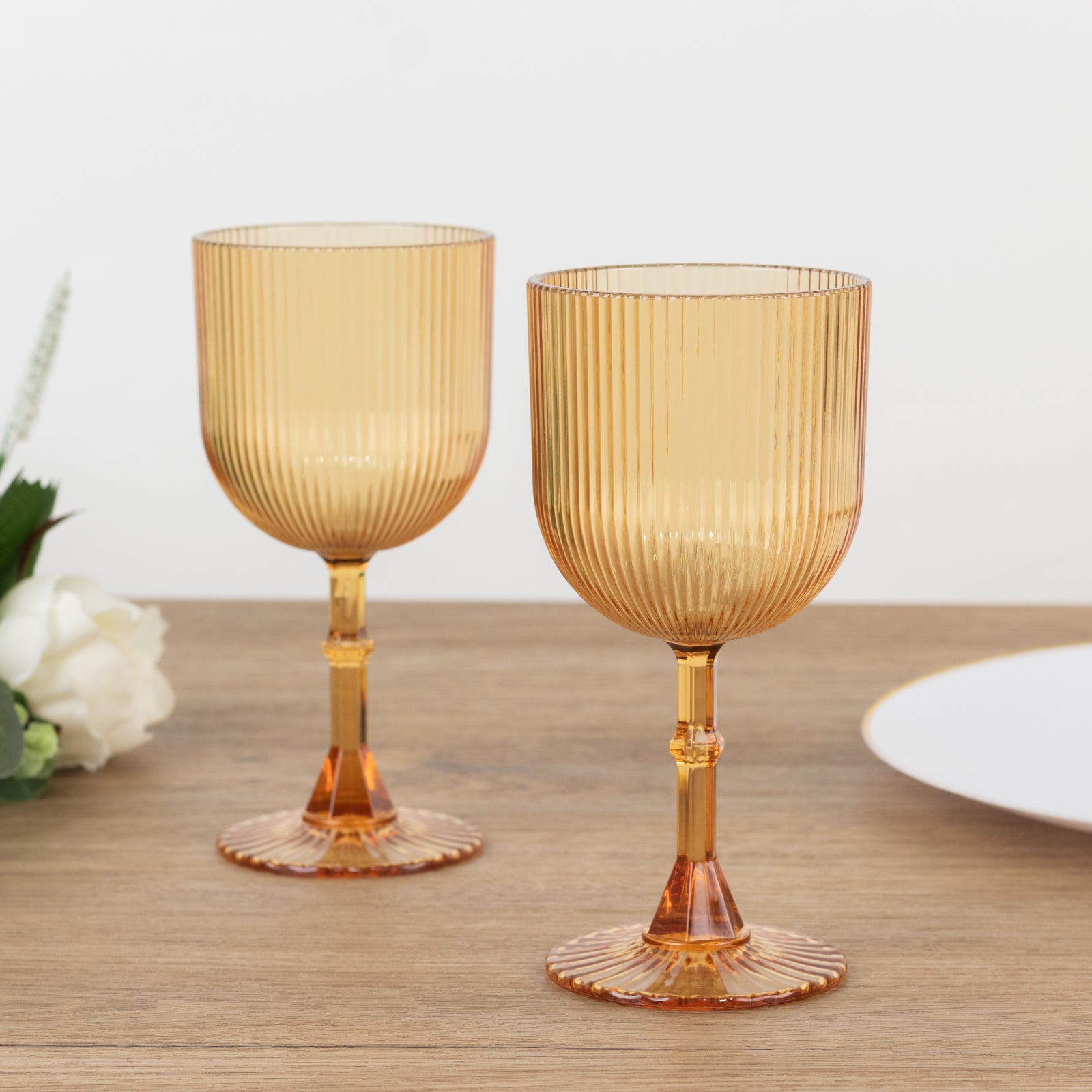 12-Pack Reusable 9oz Amber Gold Vintage Ribbed Plastic Wine Goblets - Shatterproof Glassware