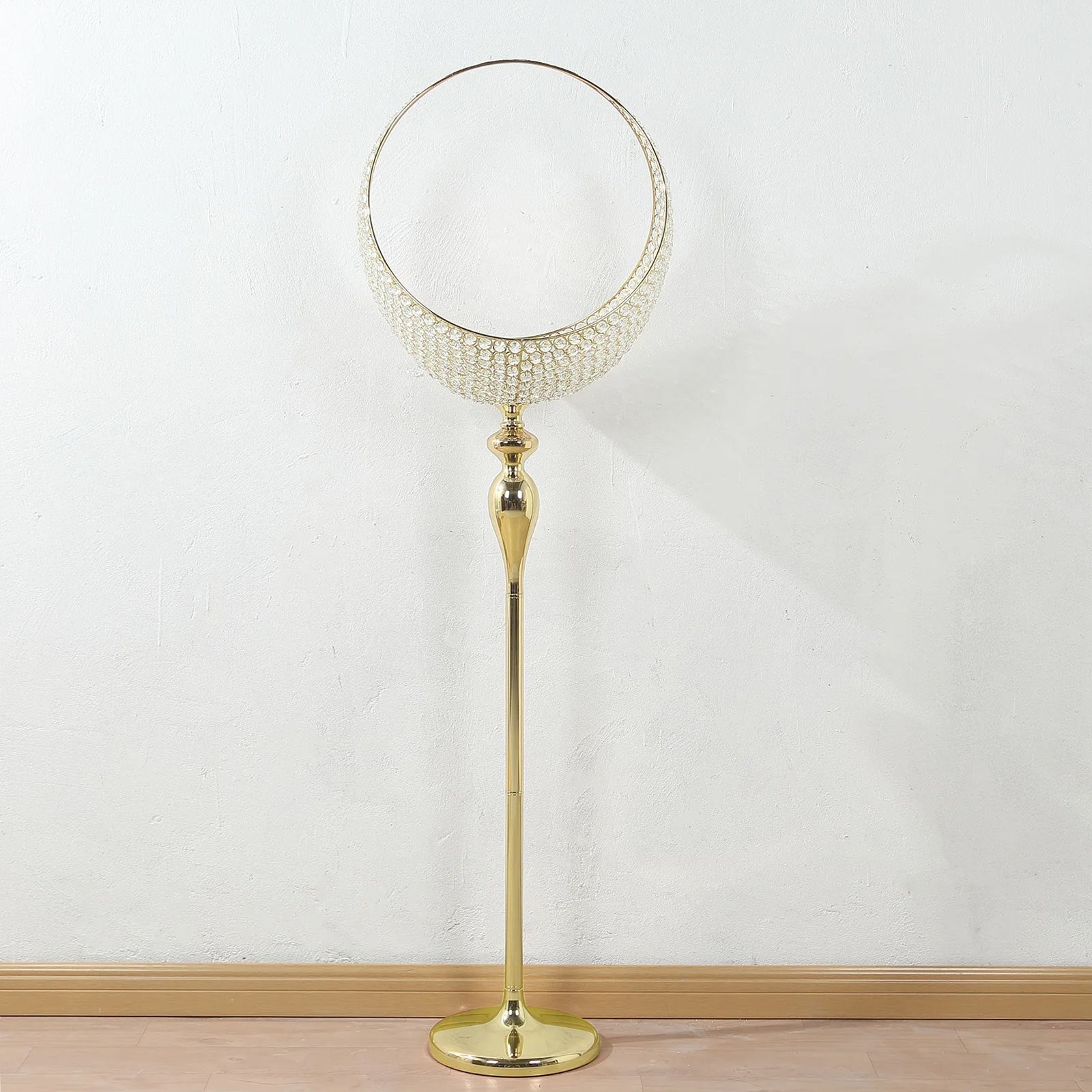 Promo! 4.5ft Tall Gold Metal Crystal Beaded Candle Holder Stand, Half Moon Basket Design for Wedding Centerpiece