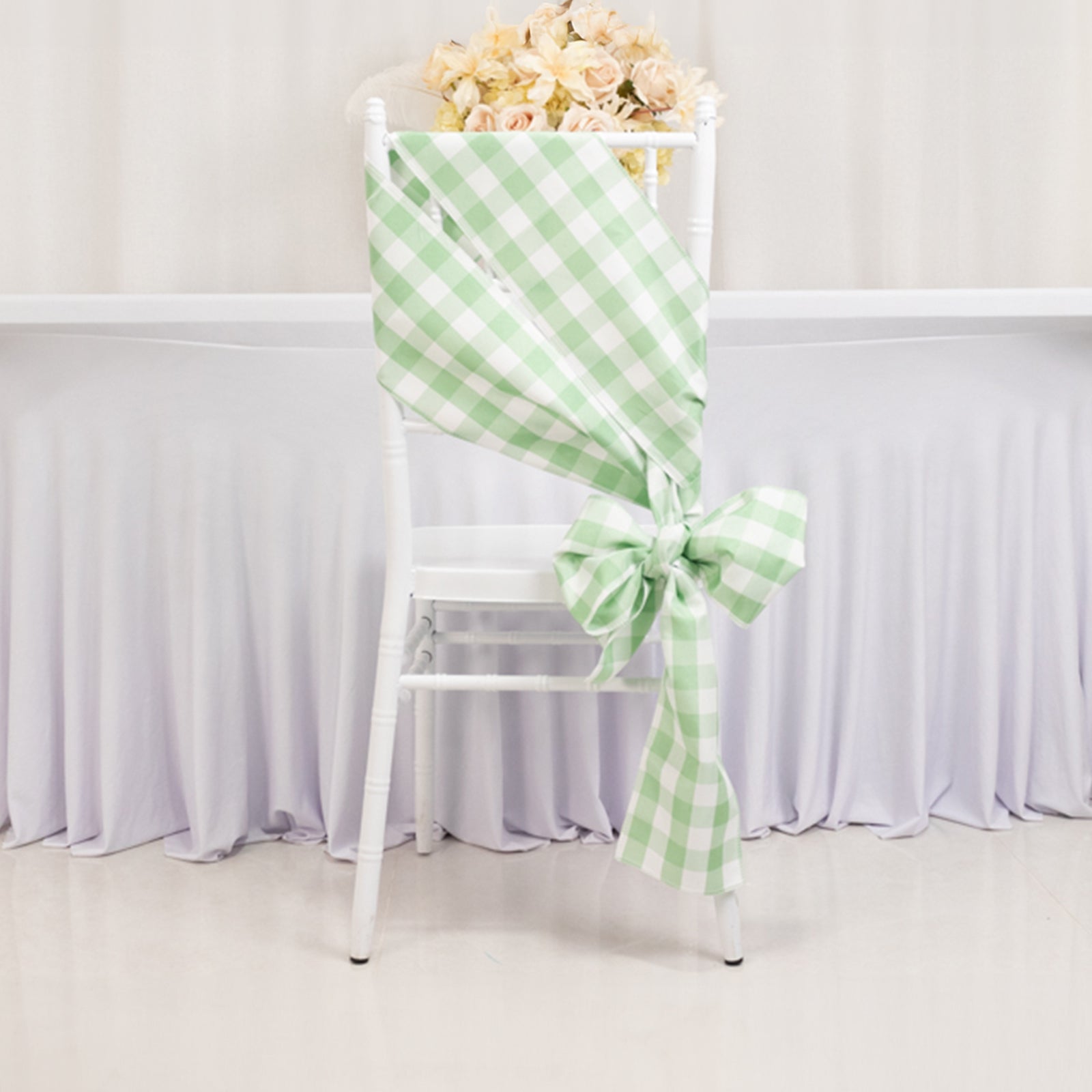 Great Deal! 5-Piece Polyester Chair Decor Sashes in Sage Green/White Buffalo Plaid - Durable & Reusable