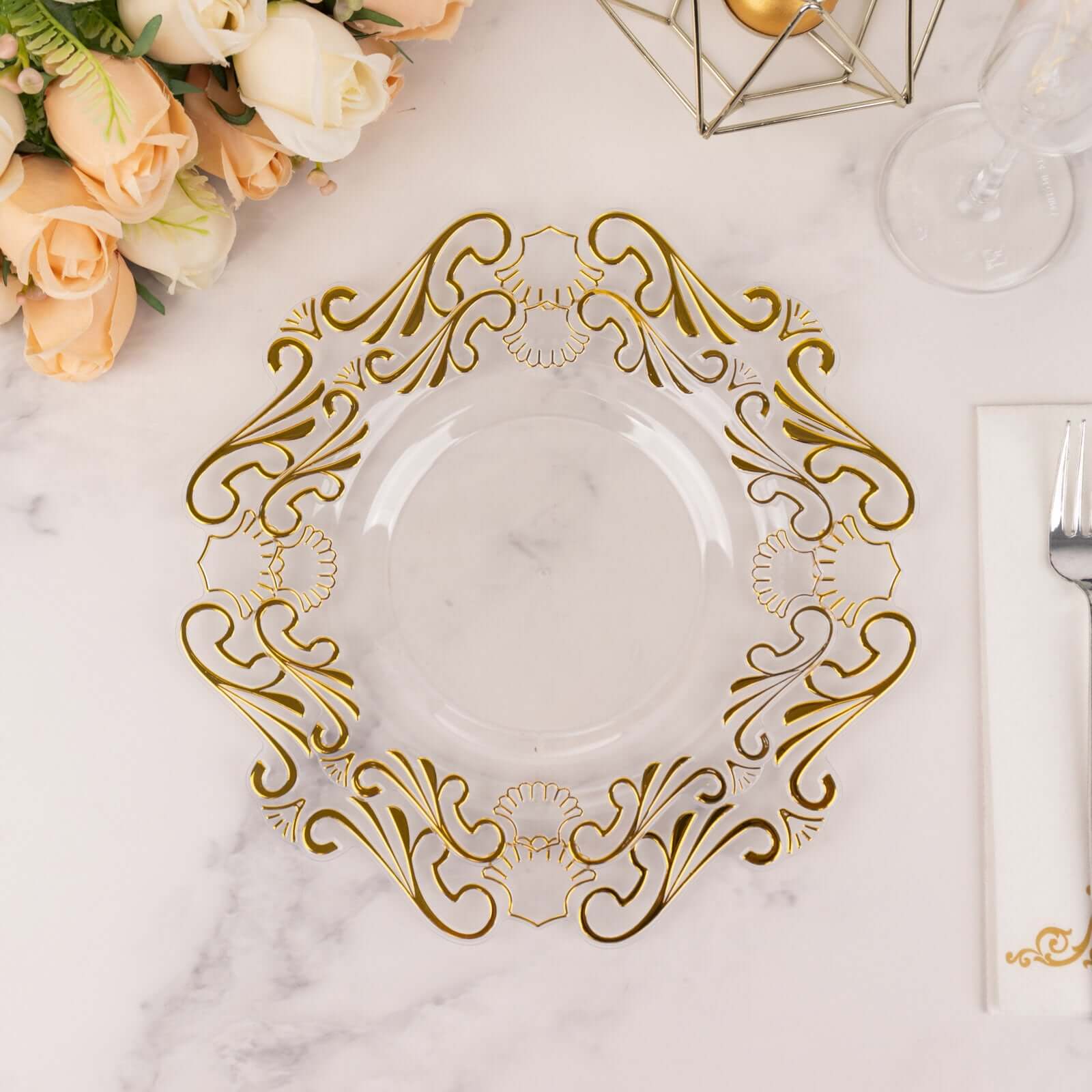 10-Piece Set of Clear Plastic Round Dessert Plates with Gold Vintage Baroque Scalloped Edge