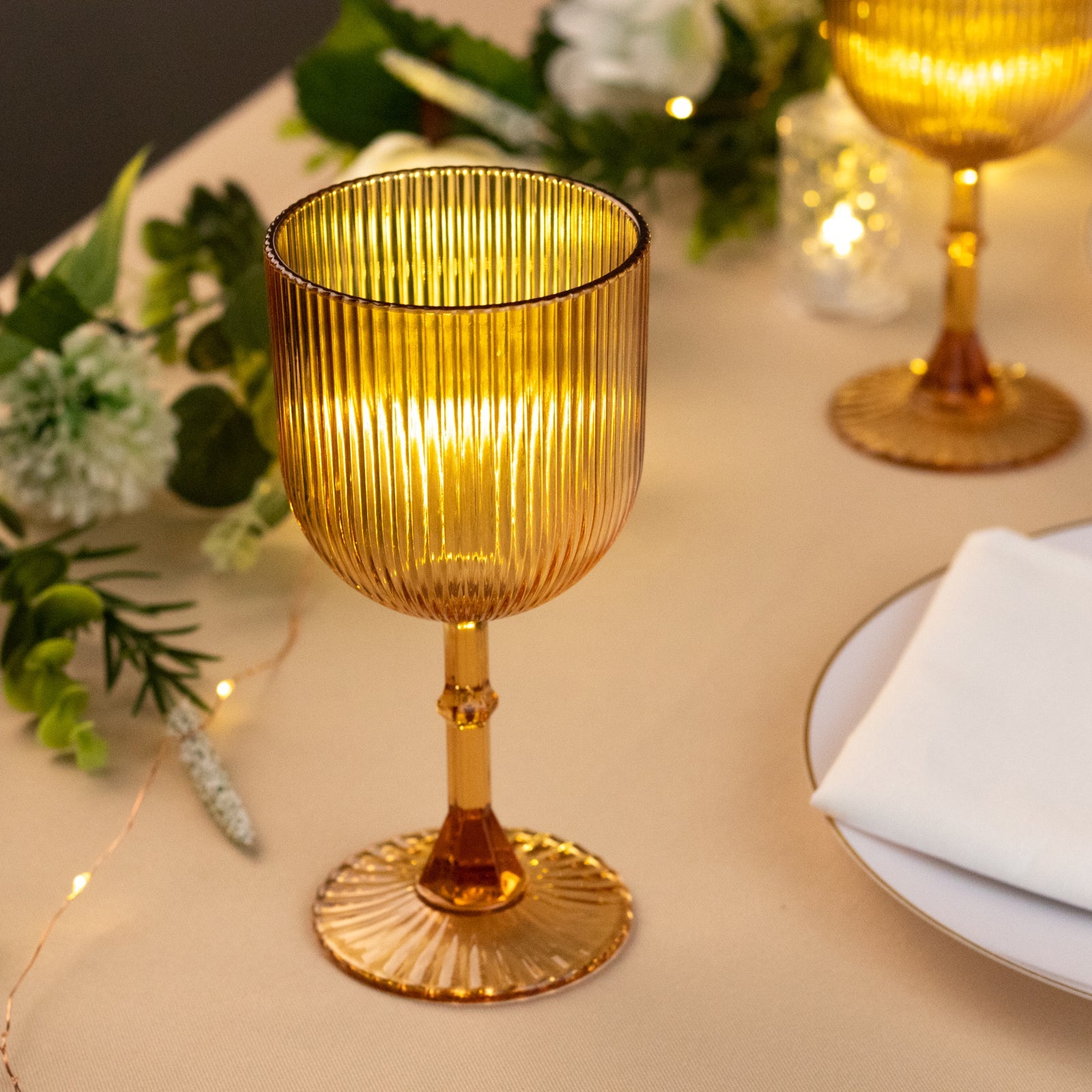 12-Pack Reusable 9oz Amber Gold Vintage Ribbed Plastic Wine Goblets - Shatterproof Glassware