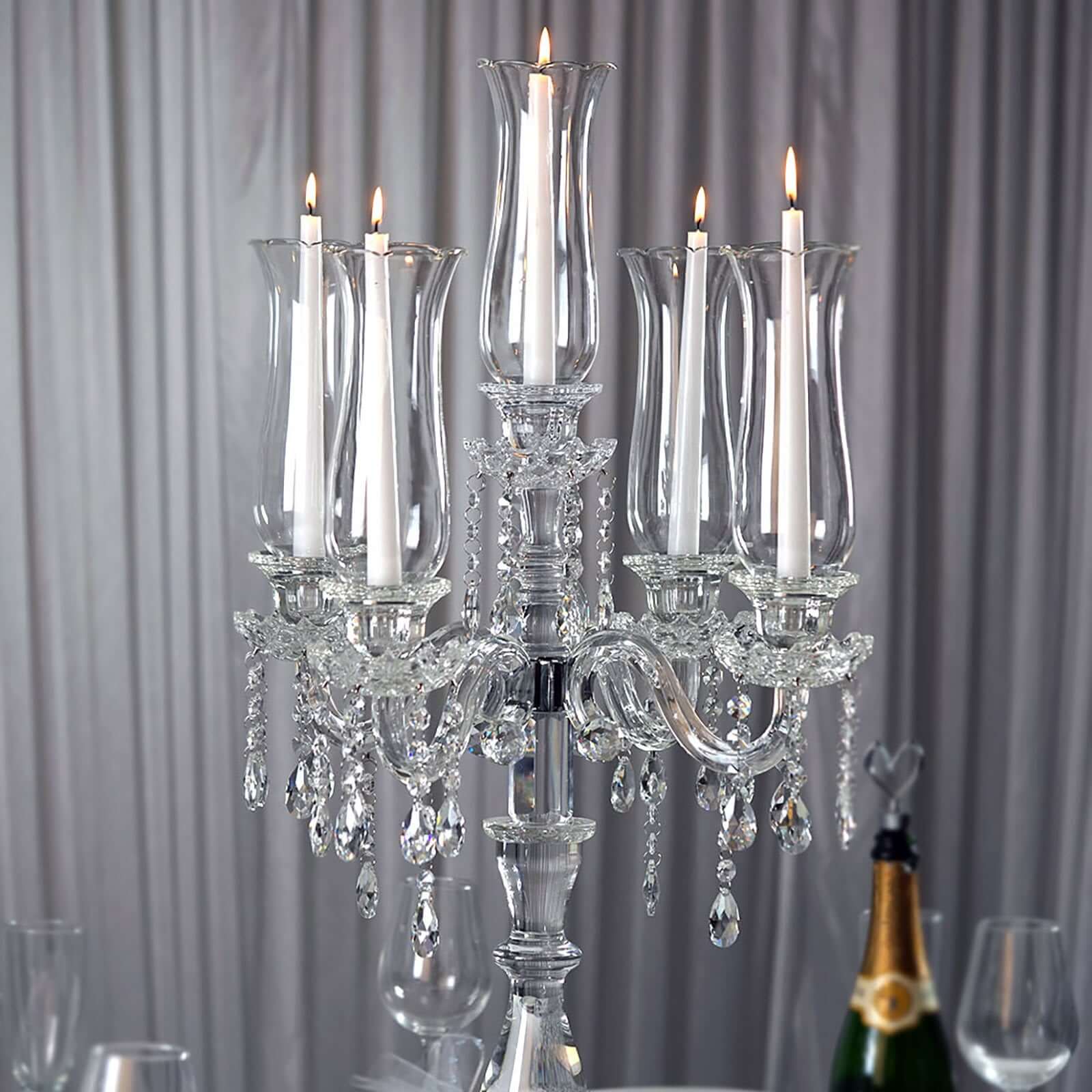 Hot Sale! 5 - Arm Crystal Glass Taper Candelabra, Stylish Table Centerpiece with Chandelier Chains, 32 Inches