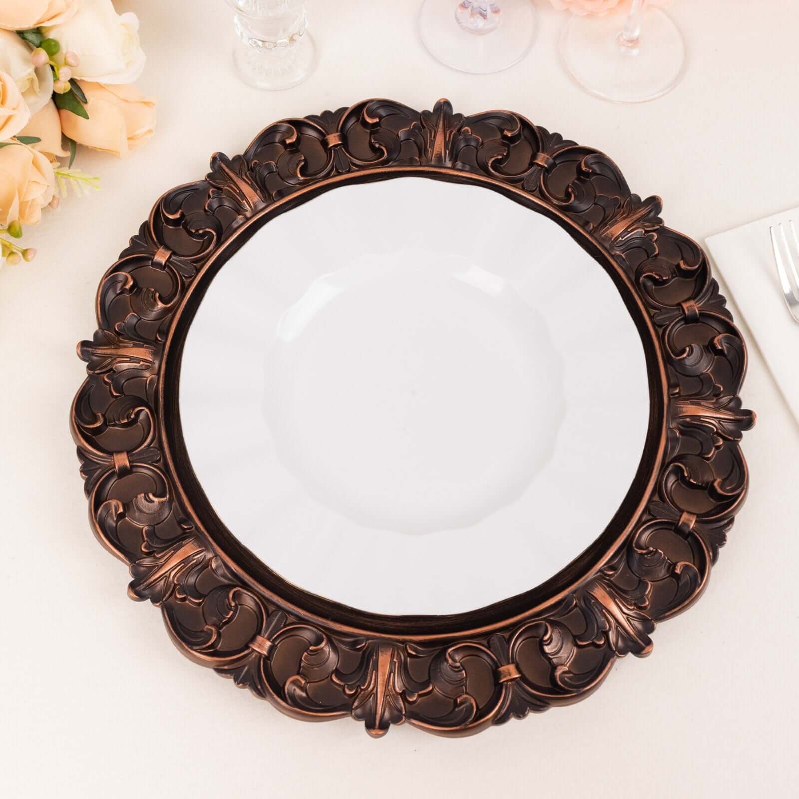 6-Piece Set of 13-Inch Dark Brown Acrylic Round Chargers with Elegant Retro Baroque Rim