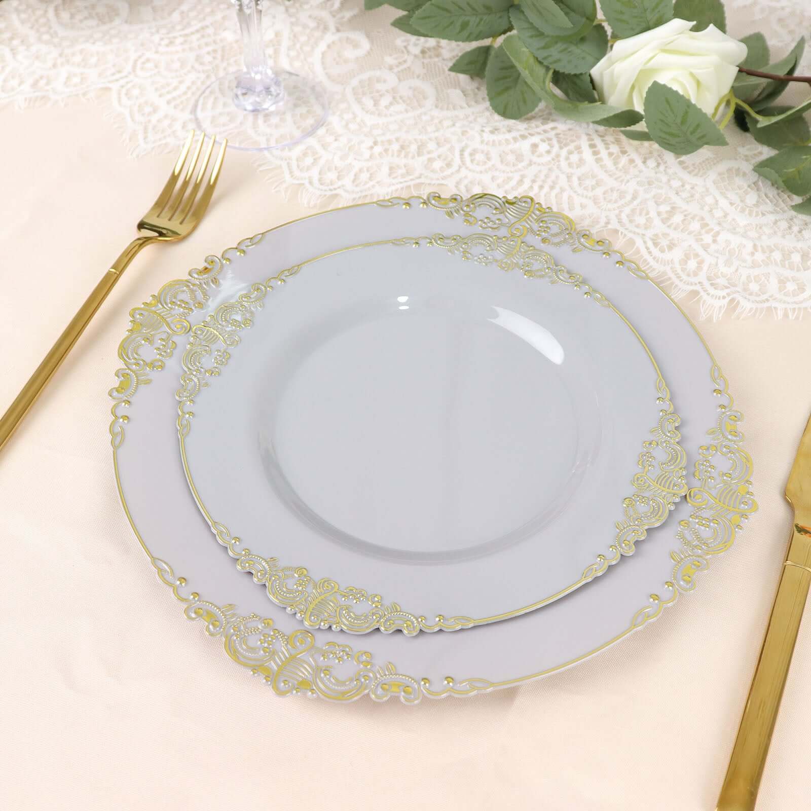 10-Pack Disposable Gray Plastic Round Dessert Plates with Gold Leaf Embossed Rim, Baroque Style