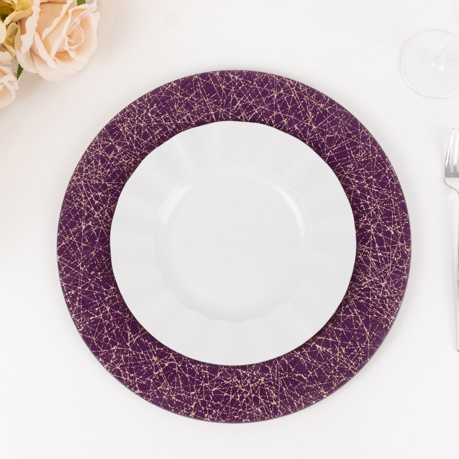 6-Piece Set of 13-Inch Purple Acrylic Round Charger Plates with Gold Glitter Abstract Design - Ideal for Parties