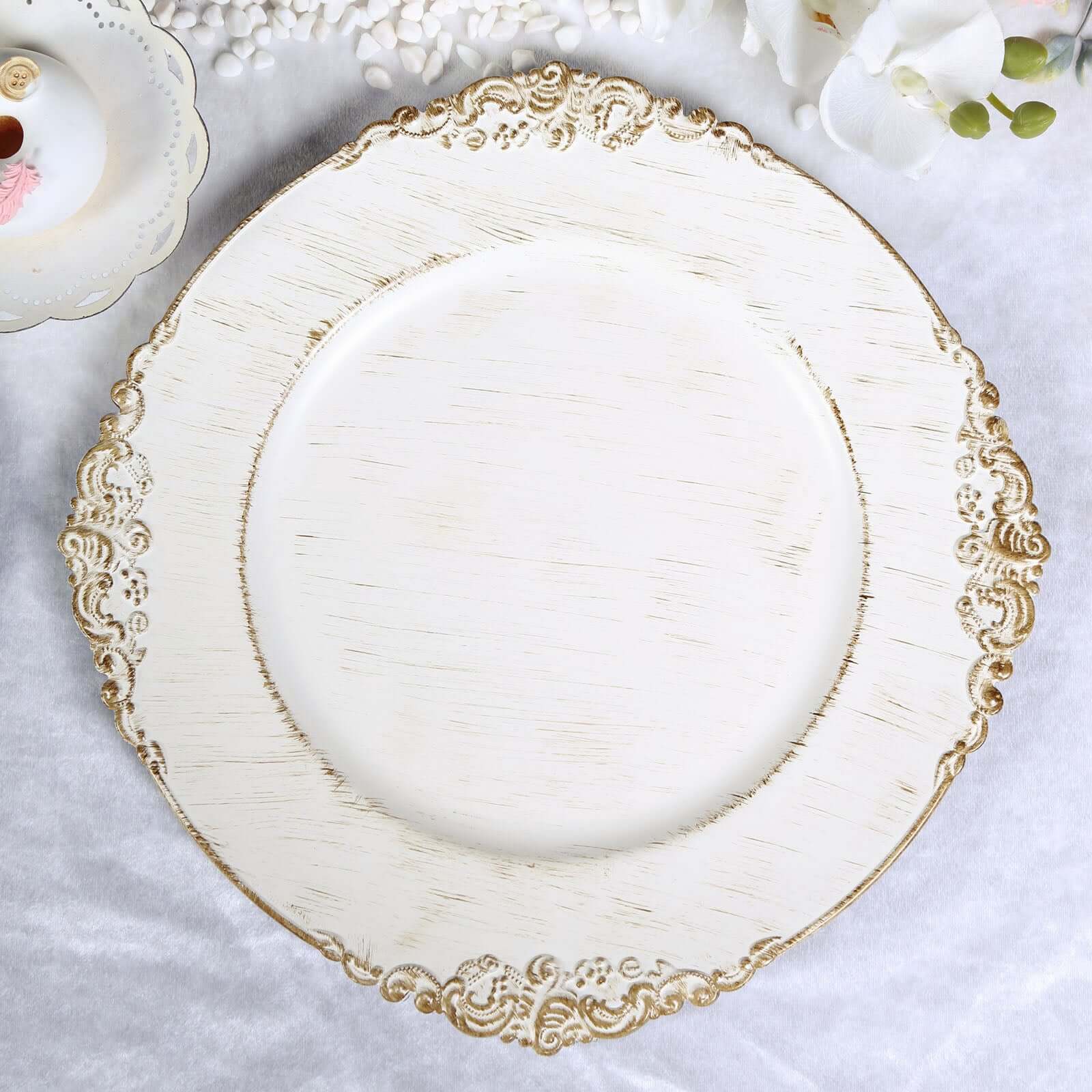 6-Piece Set of 13-Inch White Washed Acrylic Round Charger Plates with Gold Embossed Baroque Rim for Dinner Parties