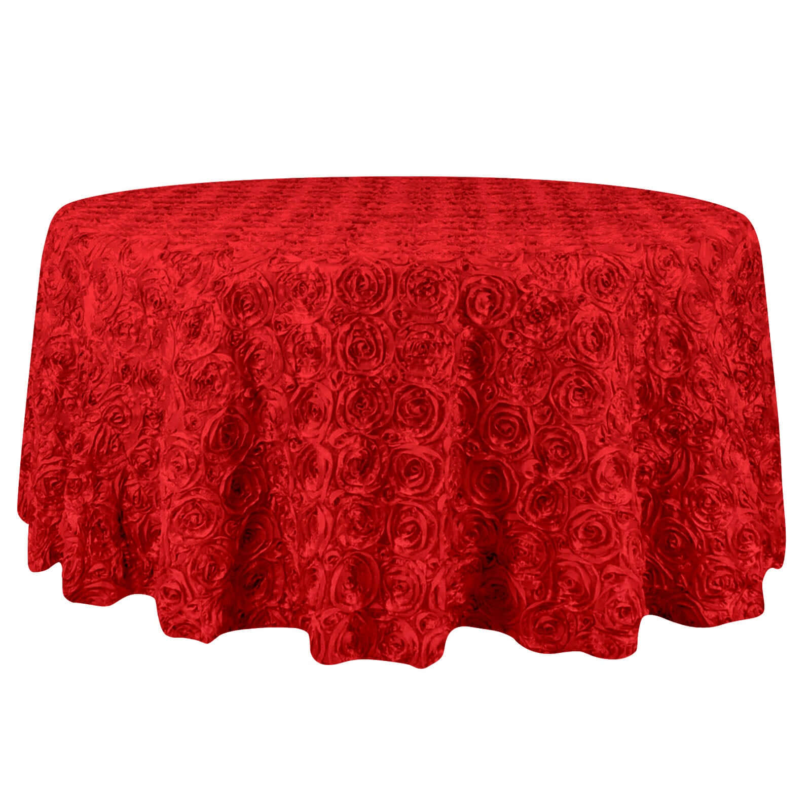 Hot Sale! Red Satin 132-Inch Round Tablecloth with Seamless 3D Rosette Design
