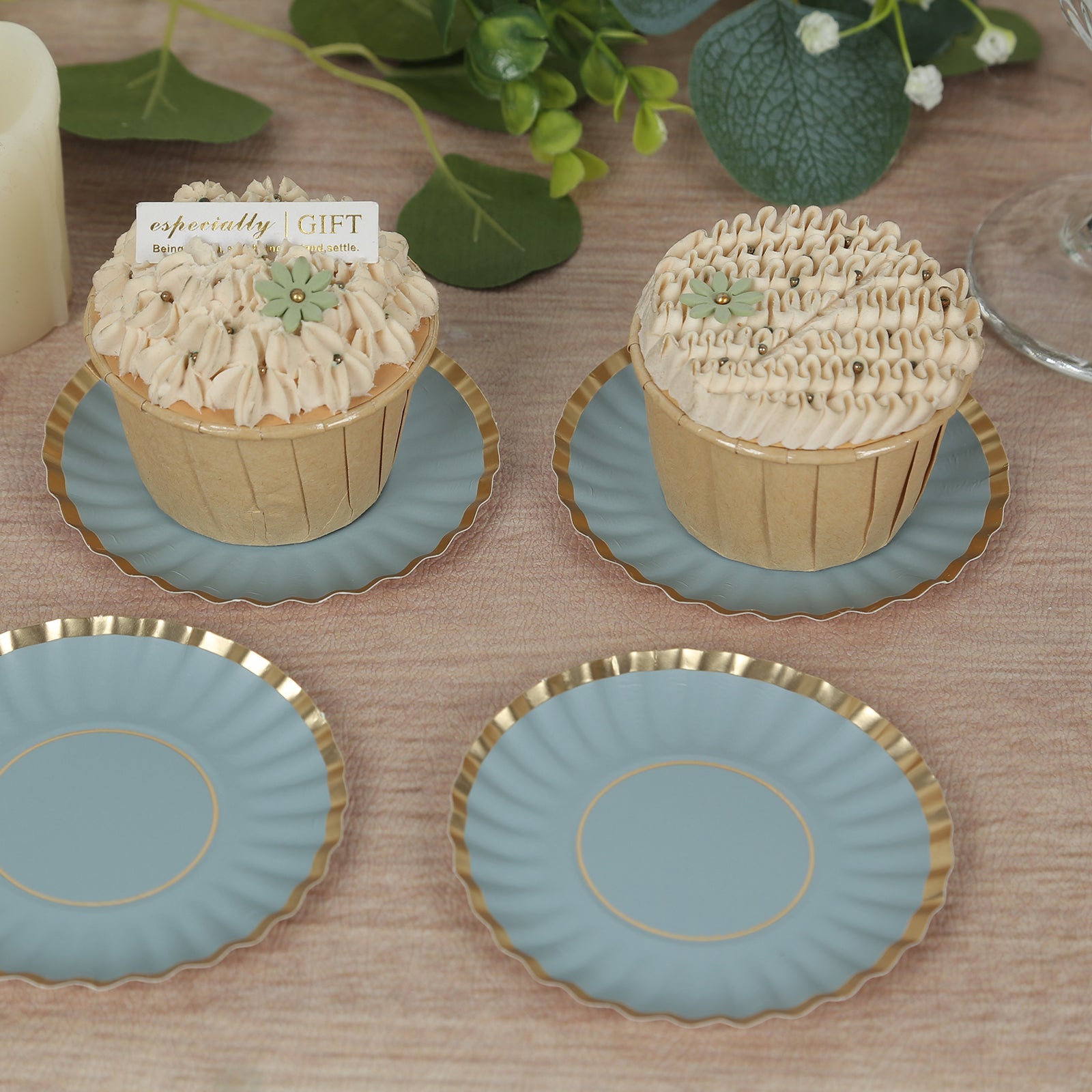 50-Piece Set of 3.5-Inch Disposable Dusty Blue Paper Dessert Plates with Gold Scalloped Edges