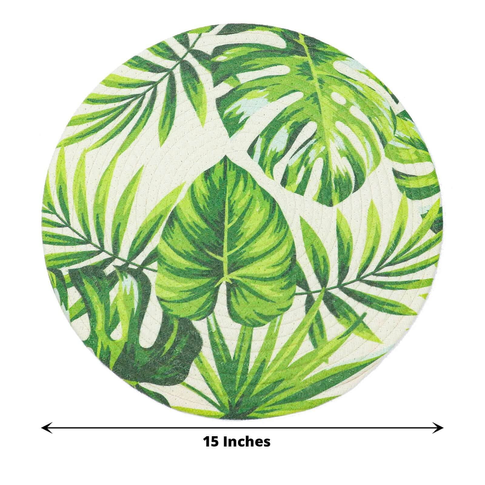 4-Pack Round Woven Cotton Table Placemats in Tropical Leaf Design, 15 Inches Green