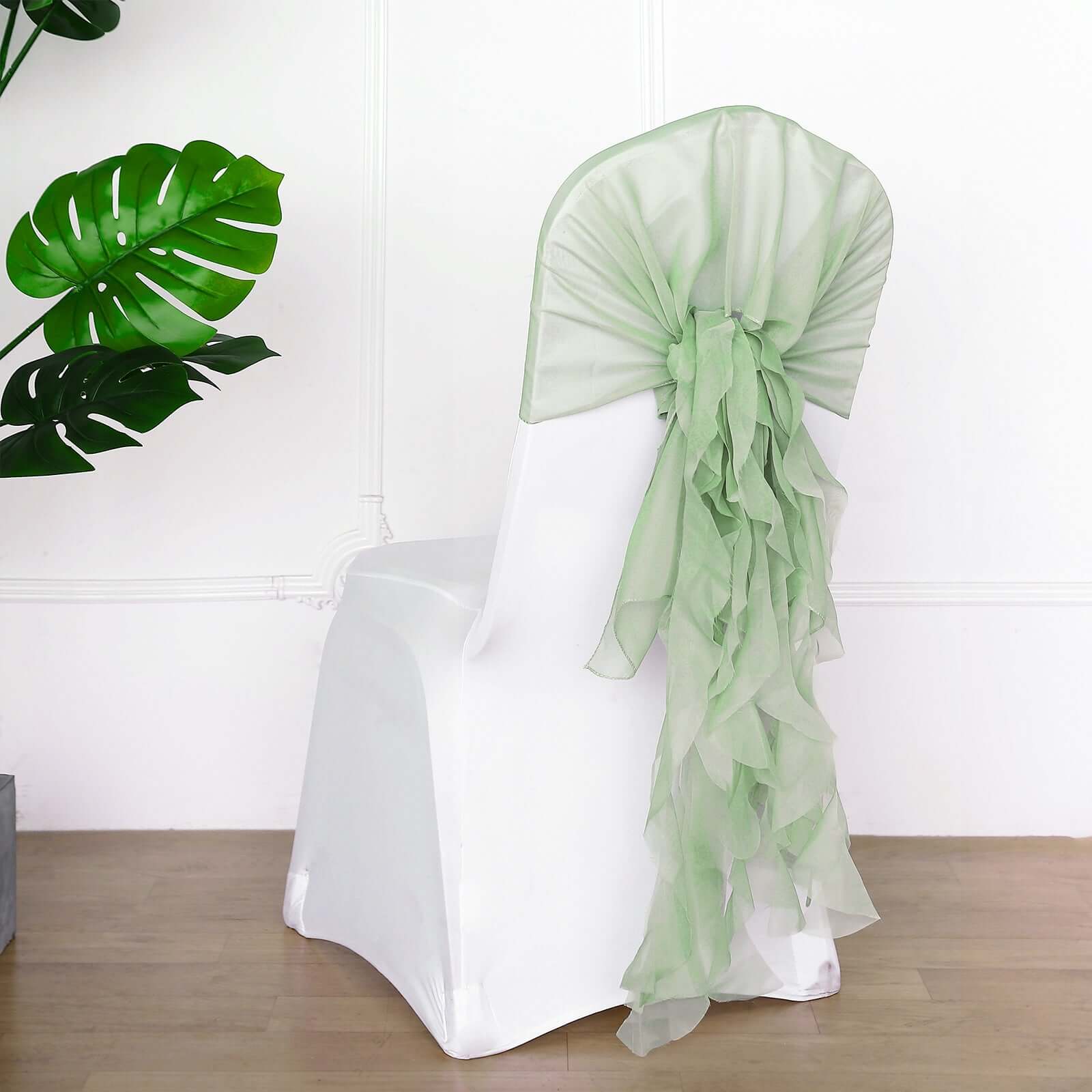 Stylish Sage Green Chiffon Chair Sashes Set with Willow Ruffles Design