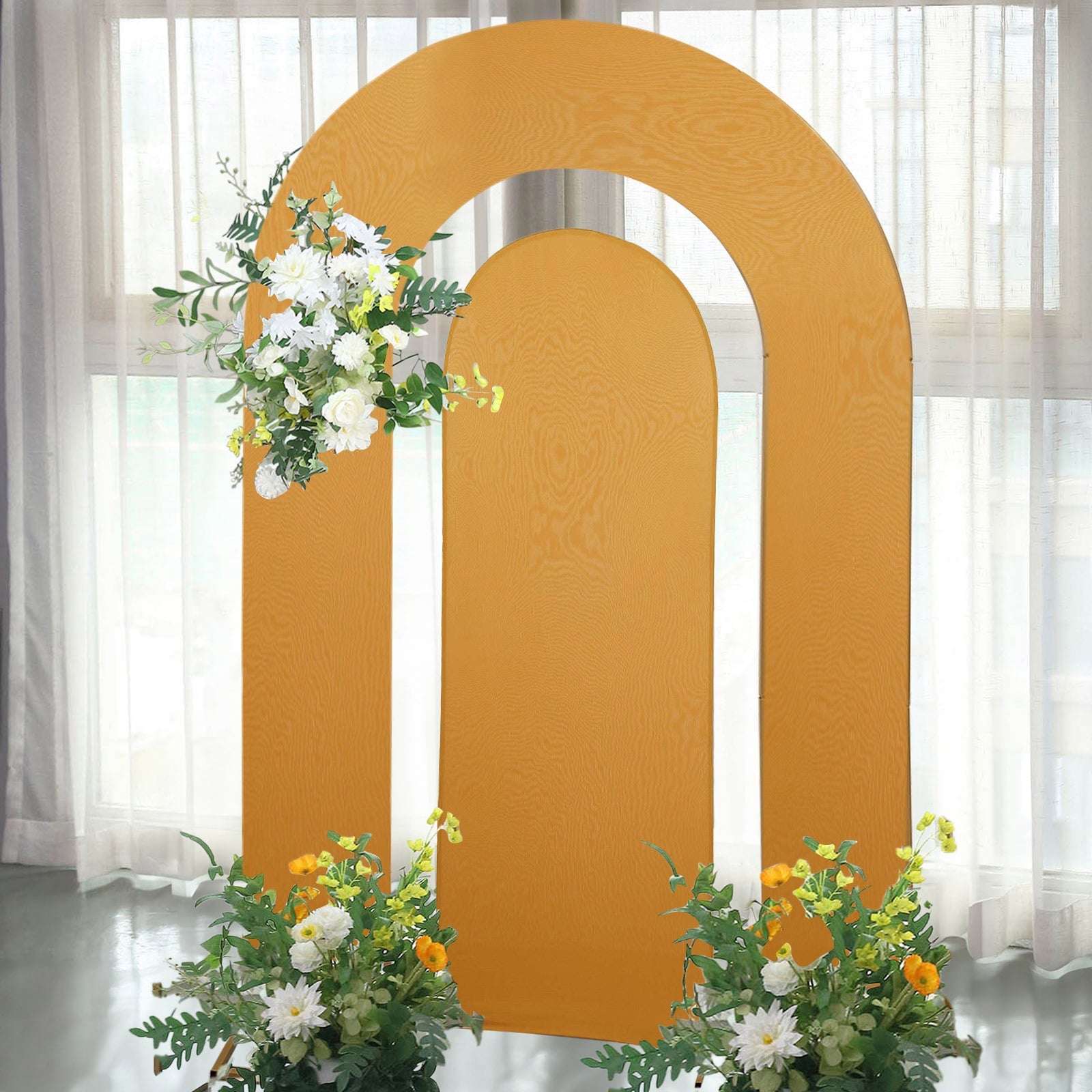 2-Piece Gold Spandex Fitted Covers for 6ft and 8ft Round Top & Double Arch Wedding Backdrops