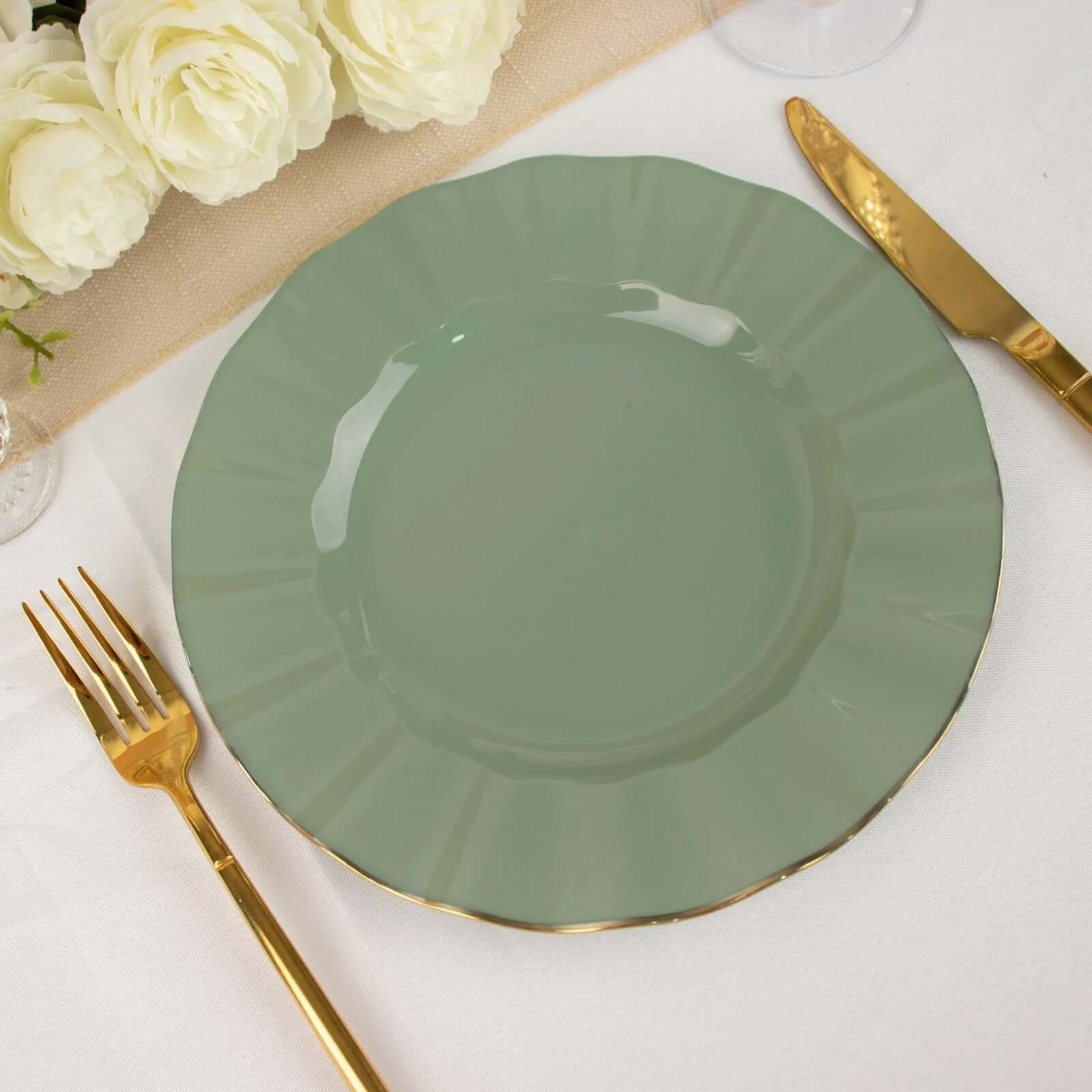 10-Piece Set of Sturdy Disposable 9-Inch Round Dinner Plates in Dusty Sage Green with Gold-Rimmed Ruffle