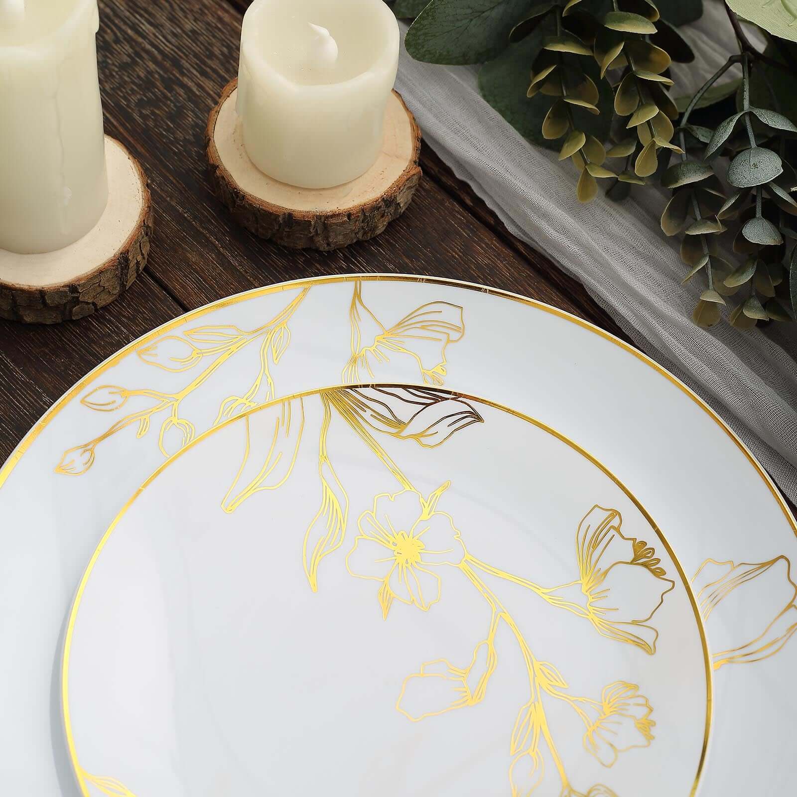 Hot Deal! Set of 20 Disposable Plastic Dinner and Dessert Plates in White with Gold Floral Design for Special Occasions