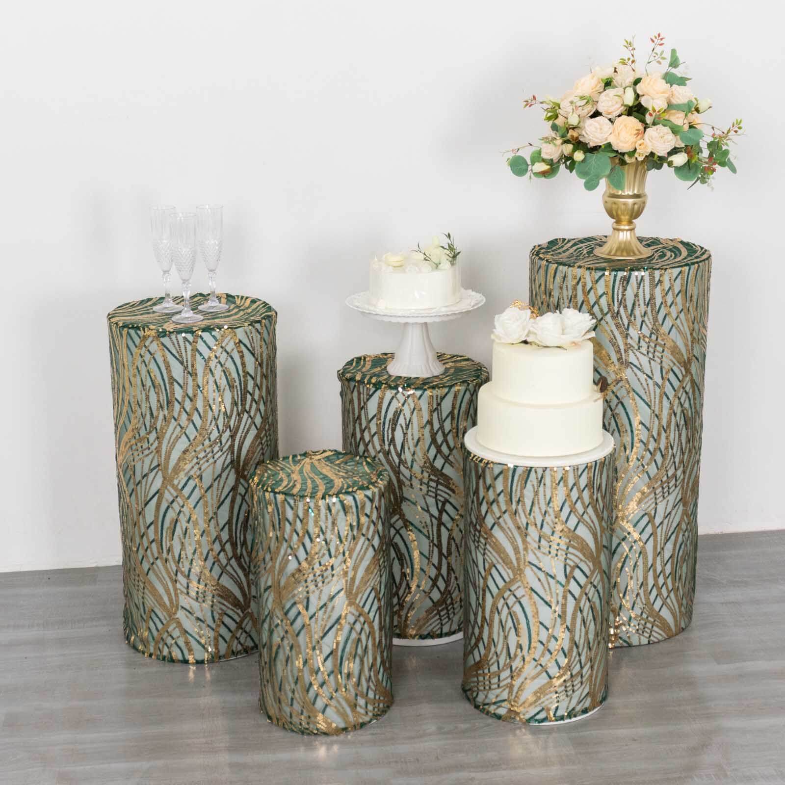 Hot Deal! Set of 5 Emerald Green Wave Sequin Mesh Cylinder Pedestal Stand Covers