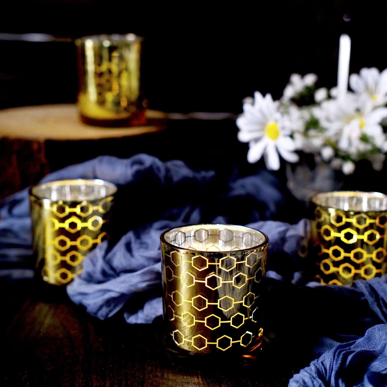 Hot Sale! 6-Piece Set of Gold Mercury Glass Votive Candle Holders with Honeycomb Design