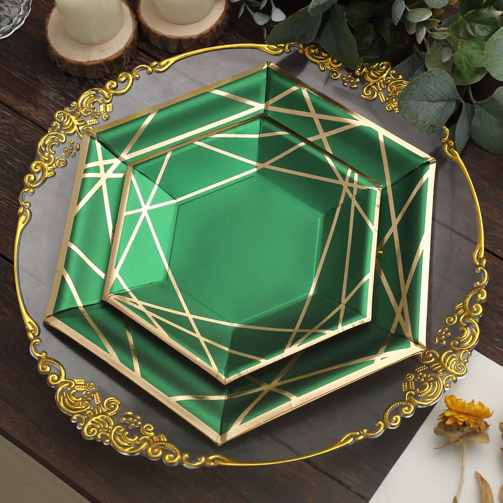 25-Piece Set of Hunter Emerald Green Paper Hexagon Dinner Plates with Gold Geometric Rim