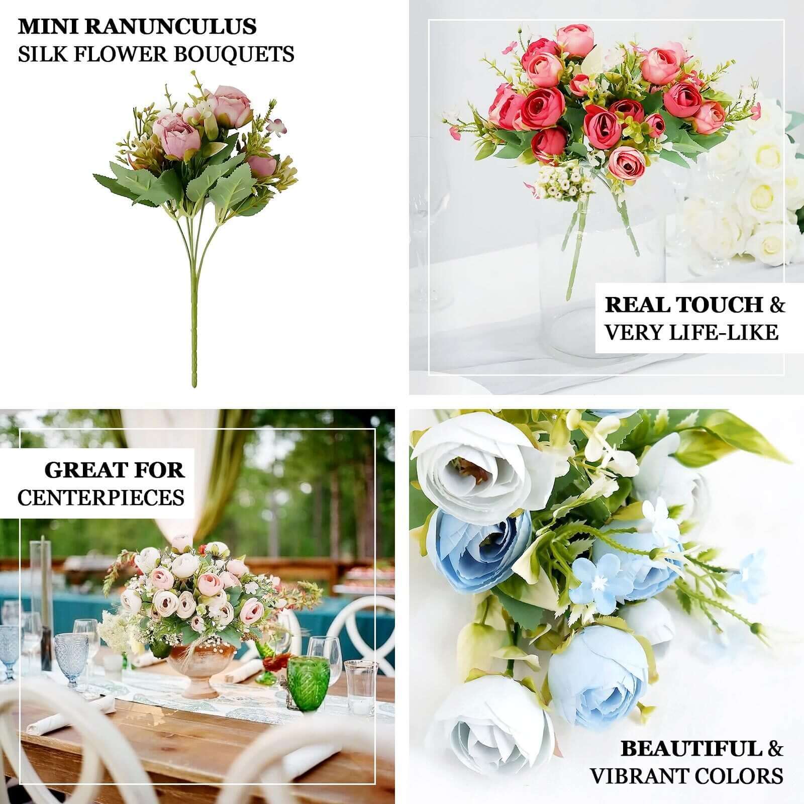 4-Pack Dusty Blue Artificial Ranunculus Silk Flower Bouquets for Bridal and Decor