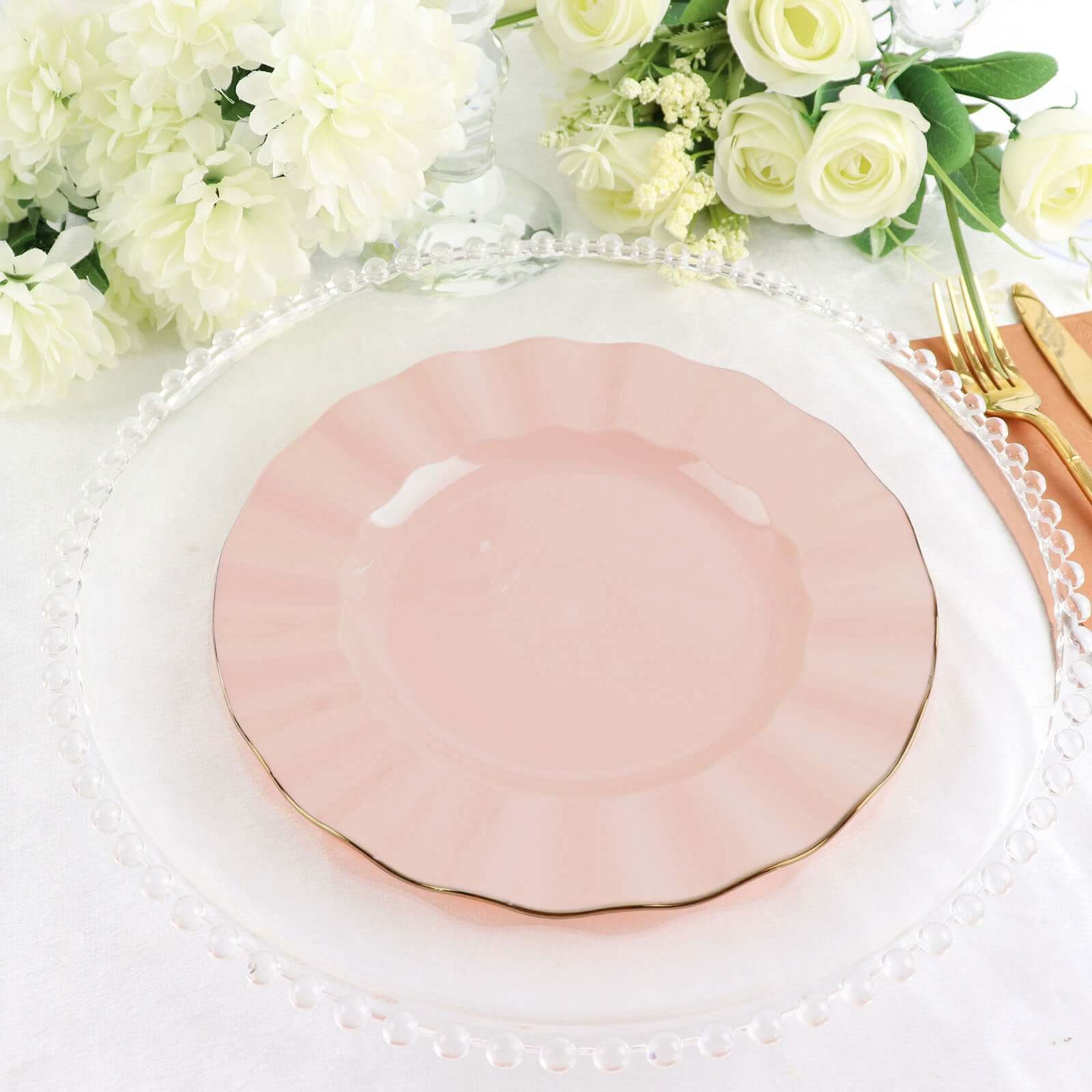 10-Pack Blush Plastic Round Dinner Plates with Gold Edging - Ideal Disposable Dinnerware