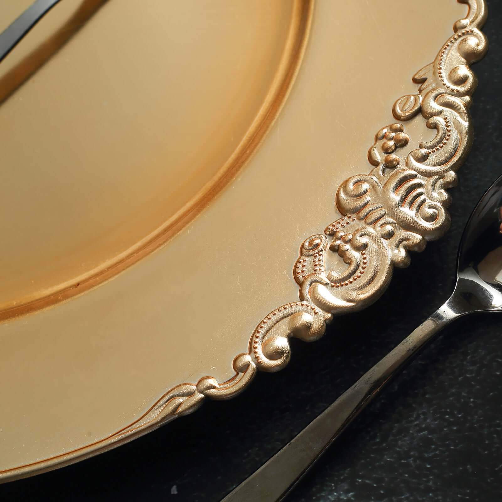 6-Pack 13-inch Gold Acrylic Round Charger Plates with Embossed Baroque Rim - Ideal for Dinner Parties