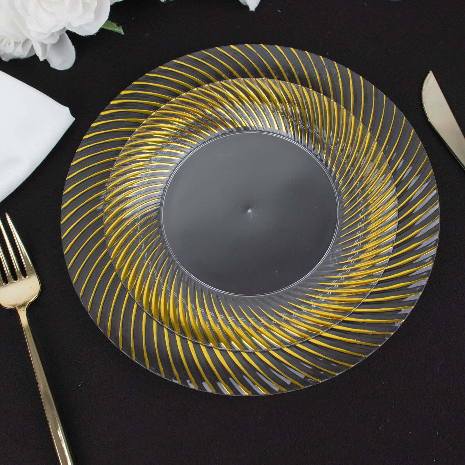 10-Pack Clear Plastic Round Dinner Plates with Gold Swirl Rim - Ideal Disposable Plates for Elegant Parties