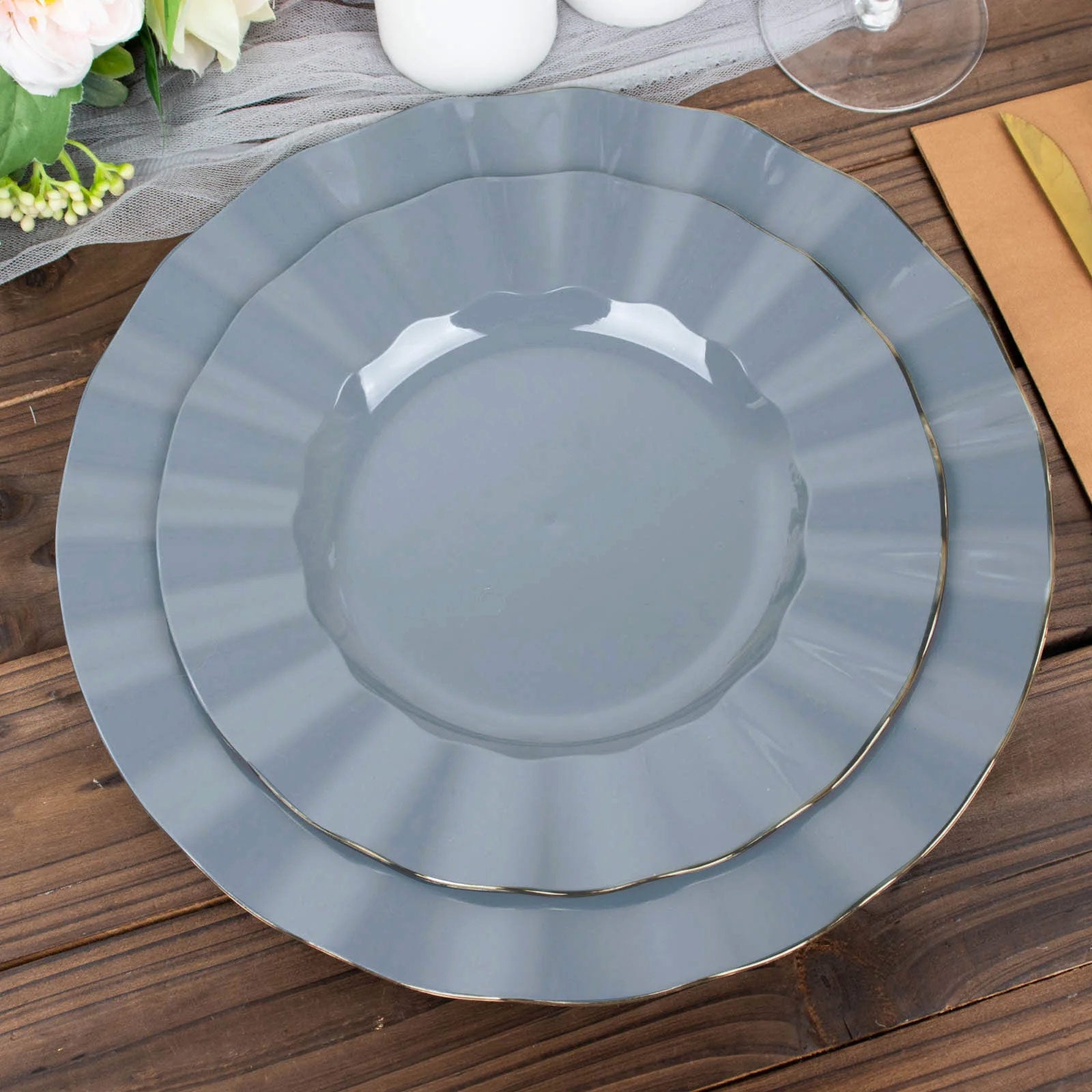 10-Piece Set of Sturdy Disposable 9-Inch Round Dusty Blue Dinner Plates with Gold Ruffled Edging