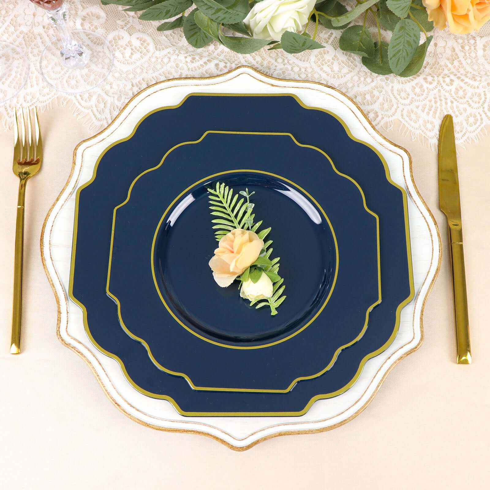 Hot Deal! 10-Pack 8" Navy Blue Disposable Baroque Salad Plates with Gold Rim