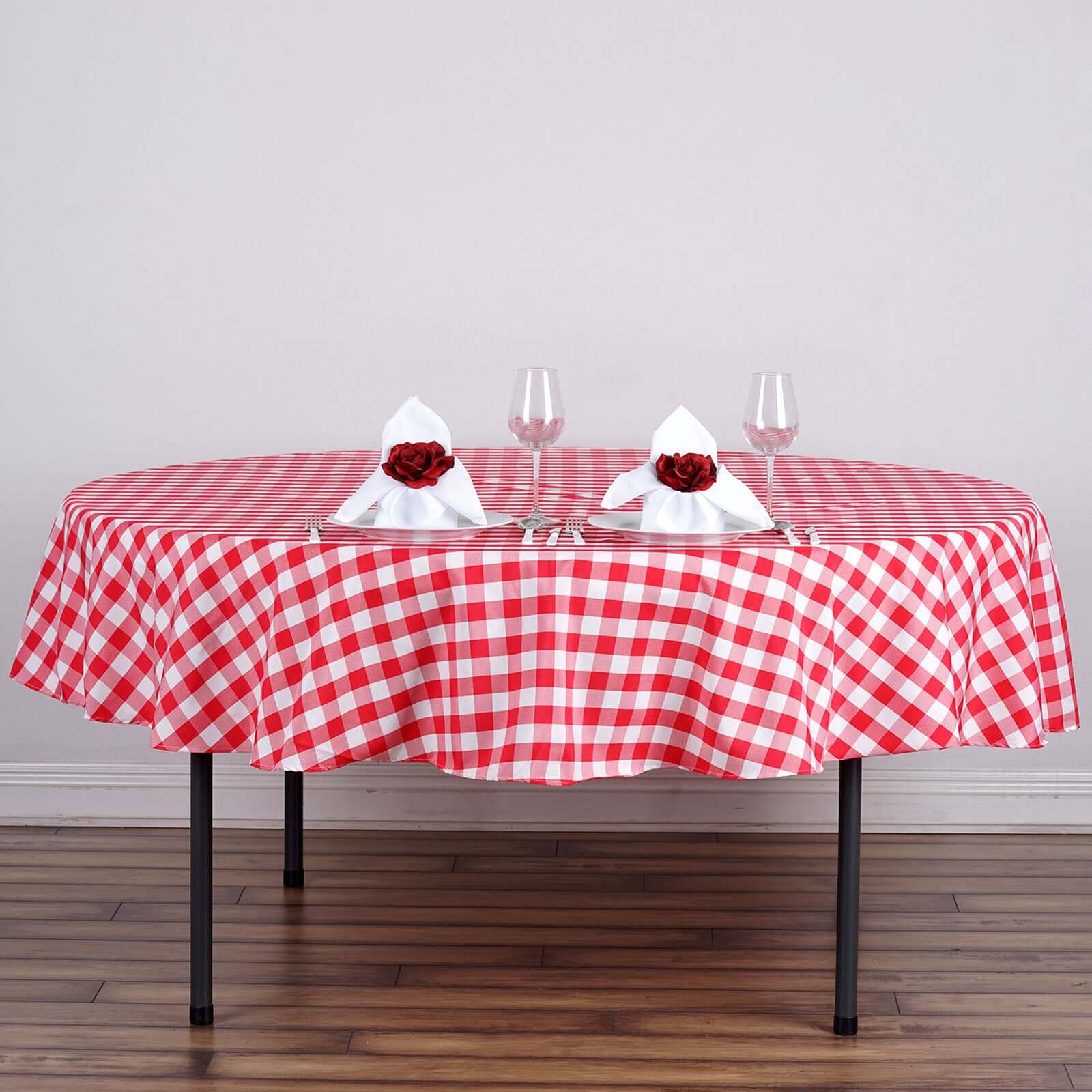Get This 70-Inch Polyester Round Tablecloth in White/Red Buffalo Plaid for Your Events