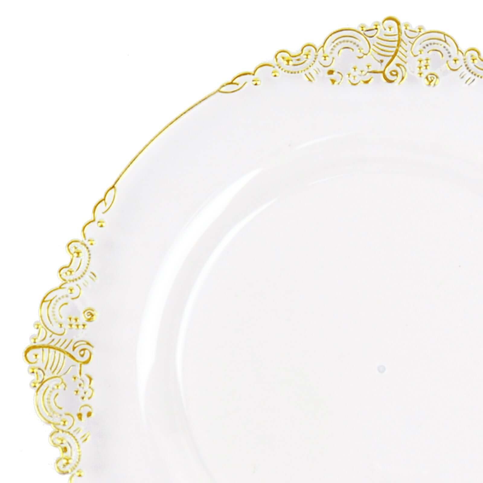 Hot Deal! 10-Pack Disposable Round Plastic Dinner Plates with Gold Leaf Embossed Rim in Vintage Baroque Style