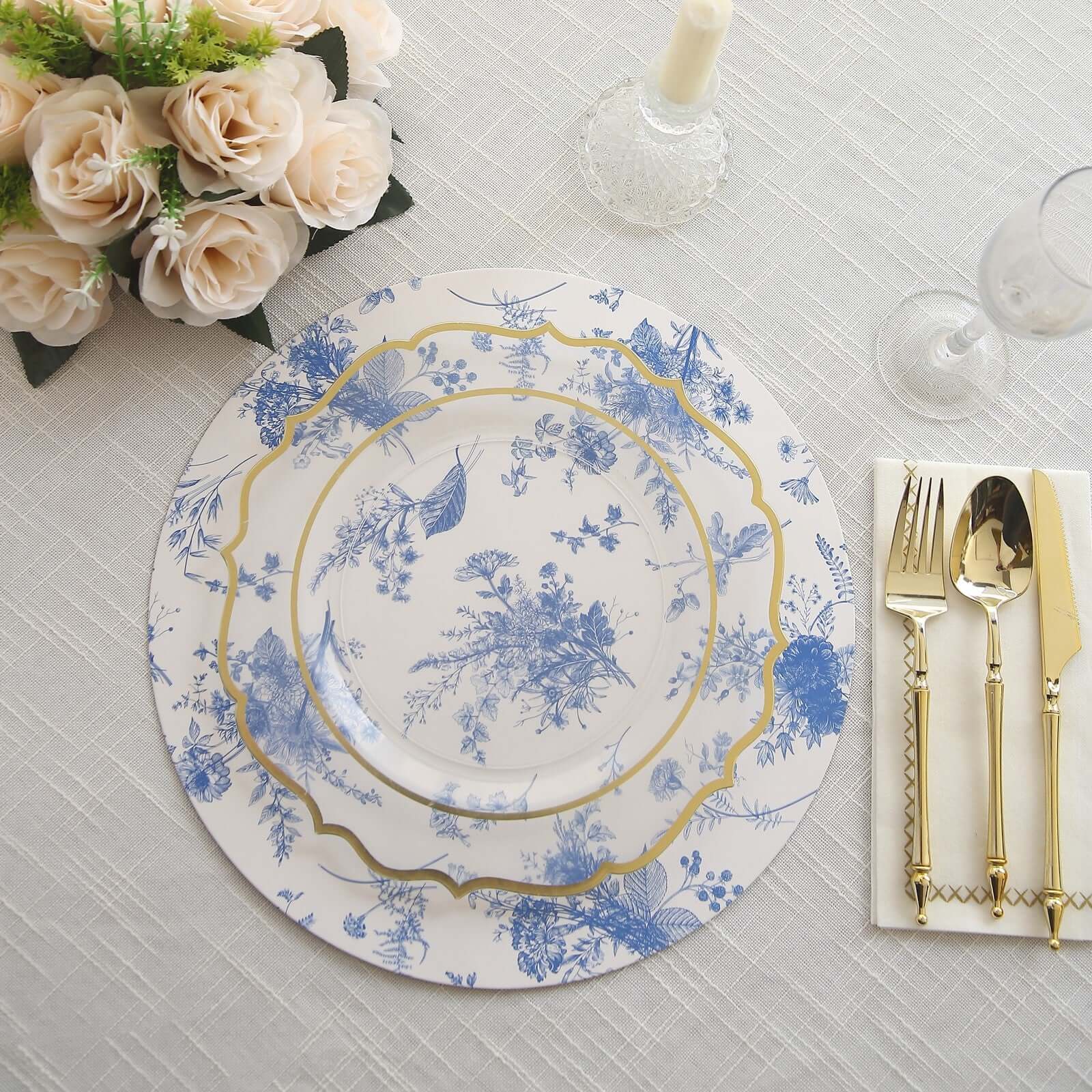 Get This 6-Pack of Stylish 13-Inch French Toile Print Disposable Charger Plates for Easy Cleanup