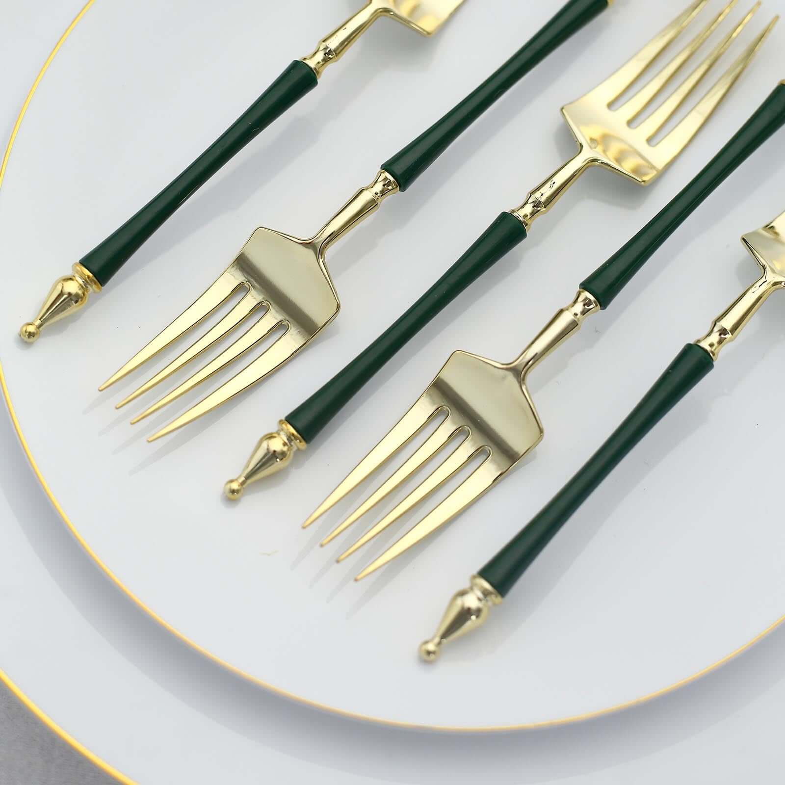 24-Pack 6" Gold & Hunter Emerald Green Plastic Dessert Forks with Roman Column Handles - European Style Disposable Utensils