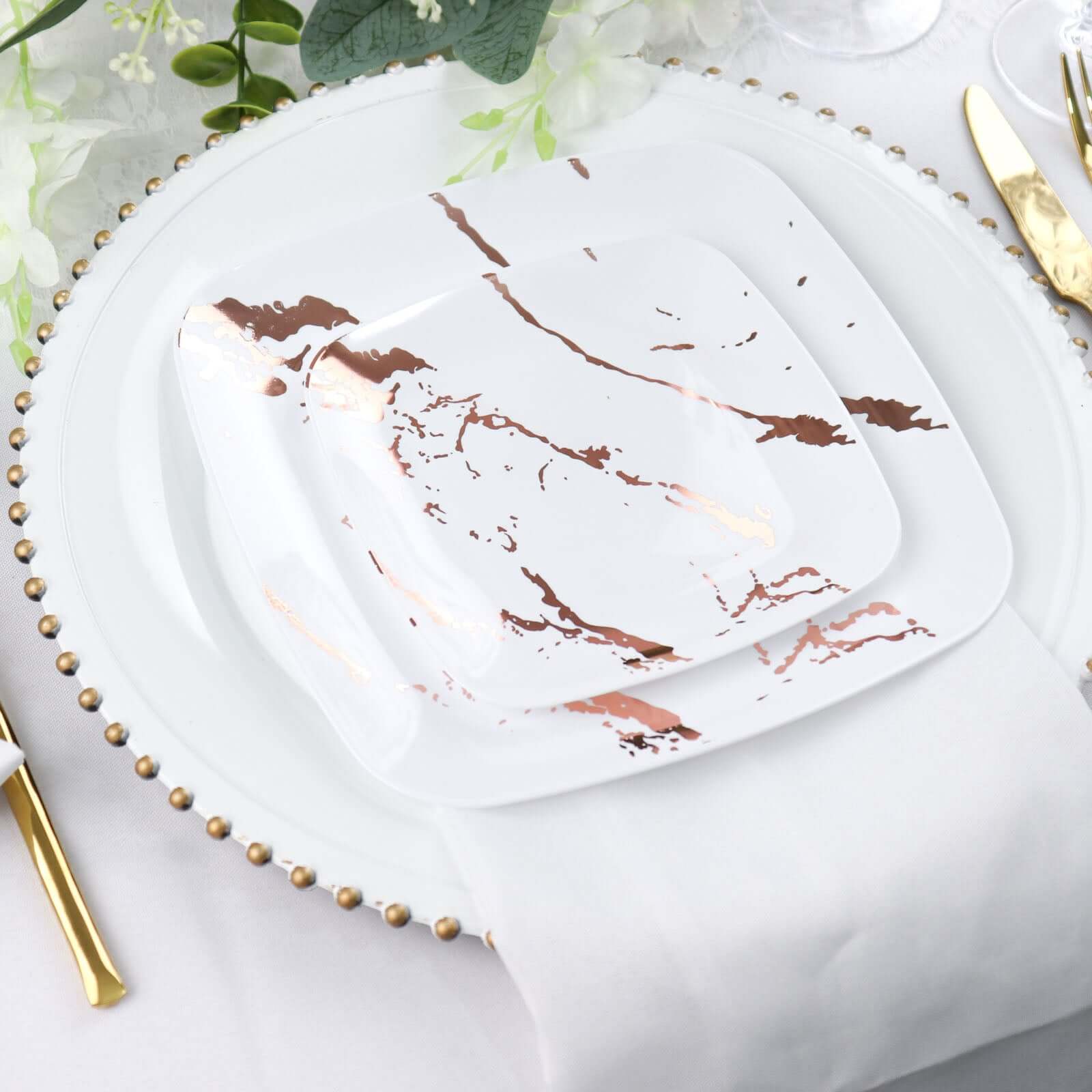 10-Pack Disposable White Plastic Dessert Plates with Rose Gold Marble Design - Ideal for Parties