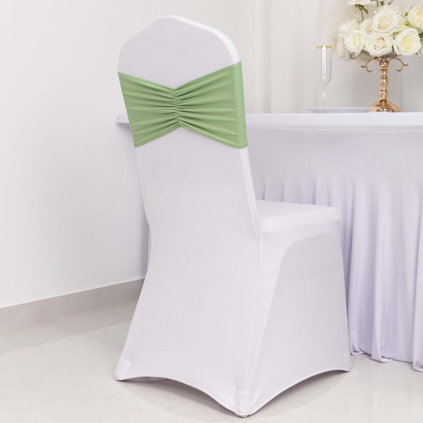 Hot Deal! 5-Pack Sage Green Ruffled Spandex Chair Sashes - Wide & Stretchable