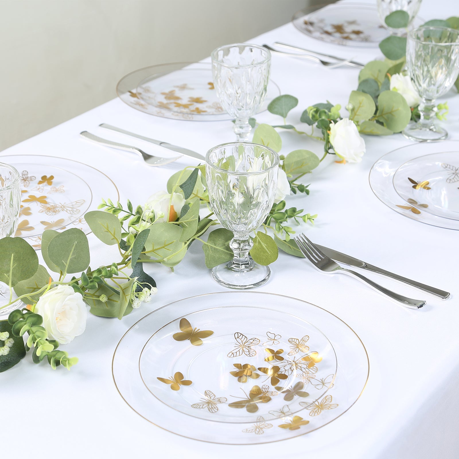 Get 20-Piece Clear Plastic Dinner & Salad Plates with Gold Butterfly Design & Rim - Stylish Disposable Ware