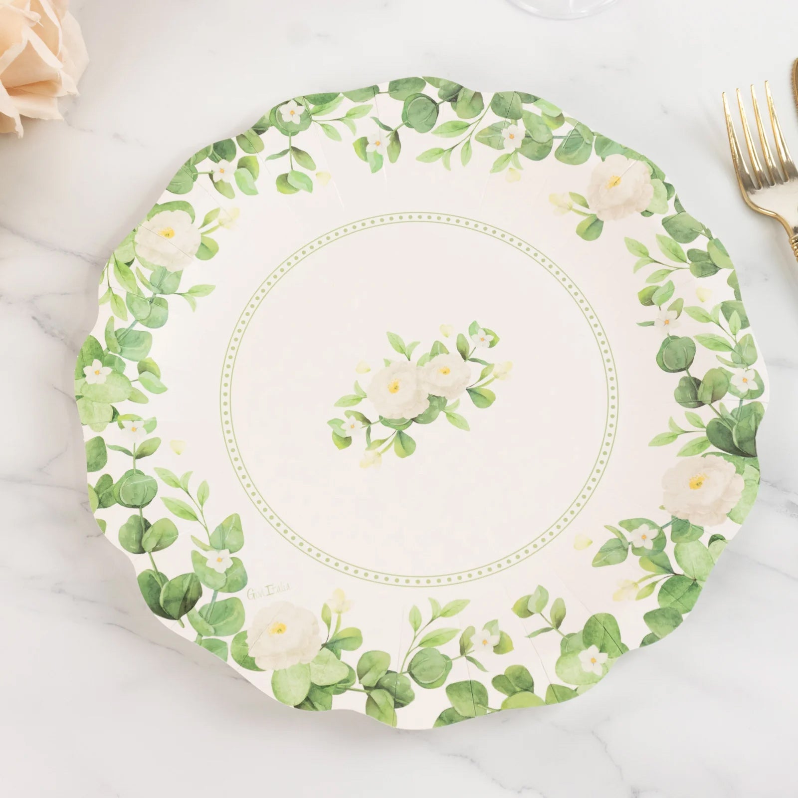 25-Pack White Floral Greenery Scalloped Edge Paper Dinner Plates - Ideal for Nature-Inspired & Chic Parties
