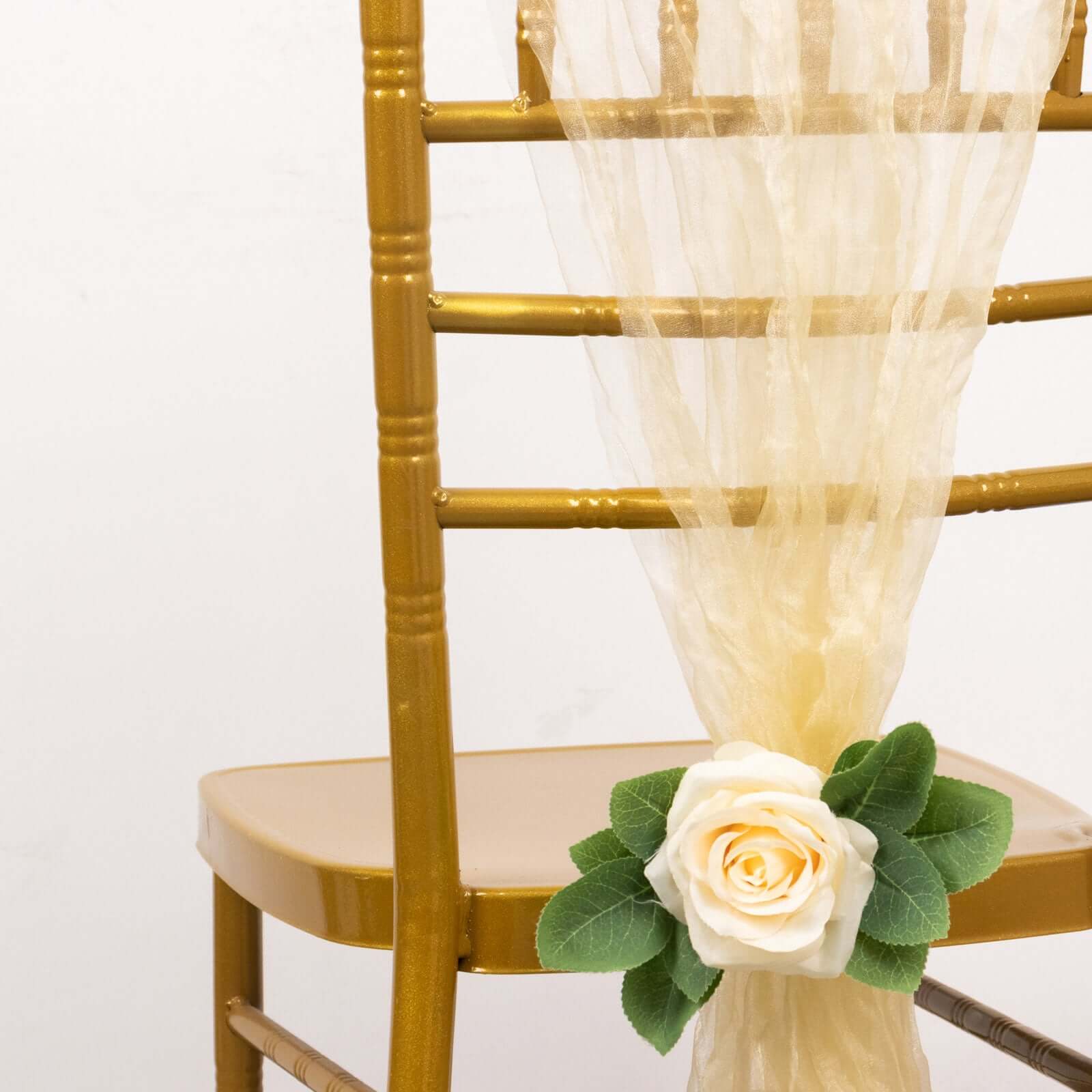 5-Pack Champagne Crinkled Organza Chair Sashes with Shimmer Chiffon Layers - Elegant Sheer Decor