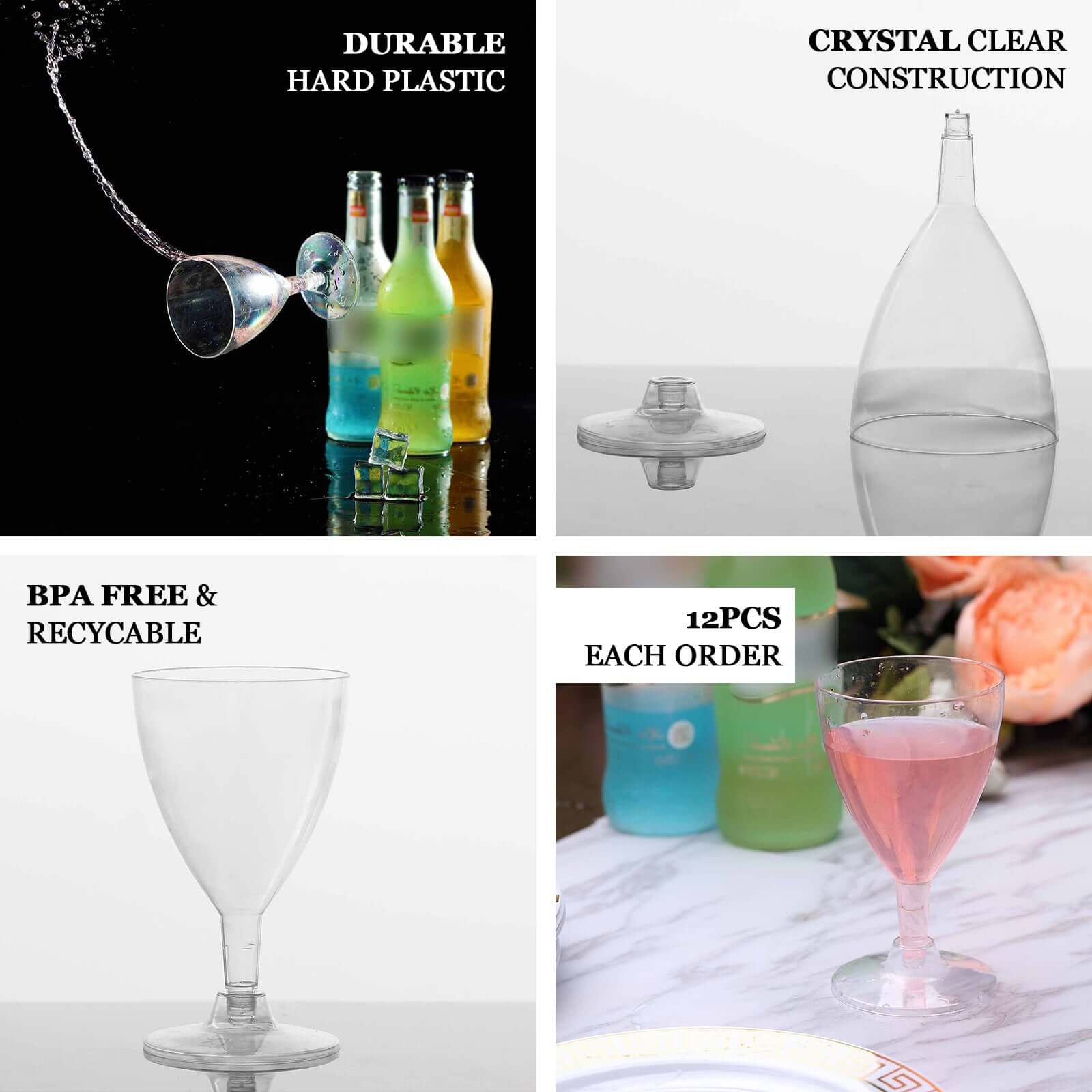 Hot Deal! 12-Pack 6oz Clear Plastic Disposable Wine Glasses with Short Hollow Stem