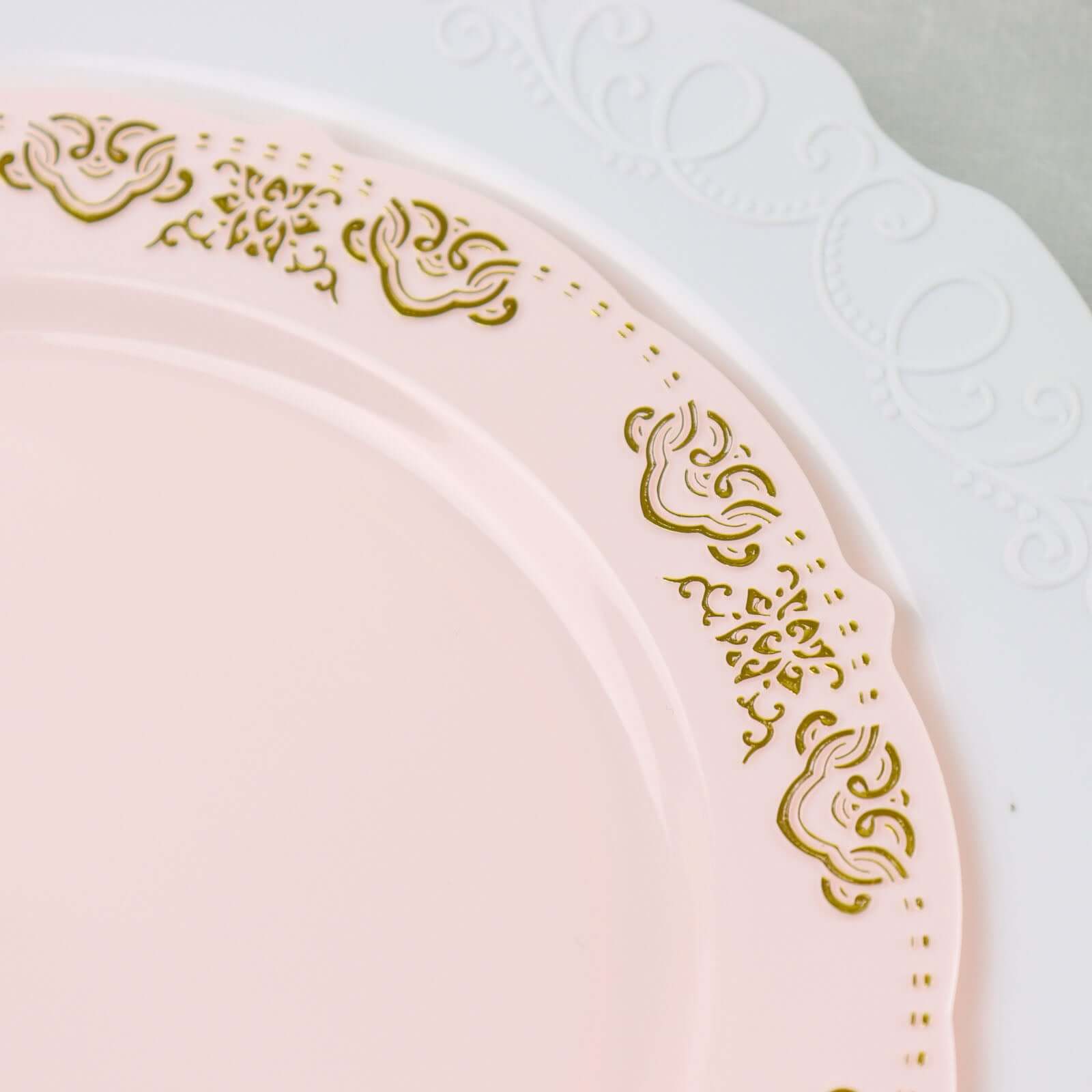 Hot Deal! 10-Pack Disposable Blush Plastic Round Appetizer Plates with Gold Embossed Scalloped Edge for Special Events