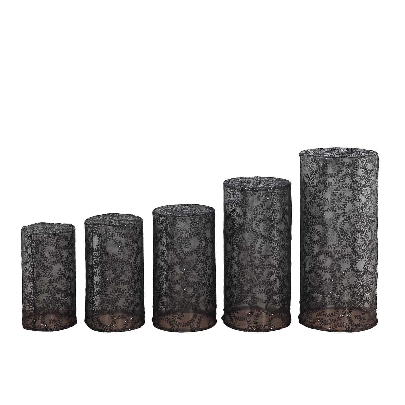 Set of 5 Sparkling Black Sequin Mesh Cylinder Pedestal Covers with Leaf Vine Design