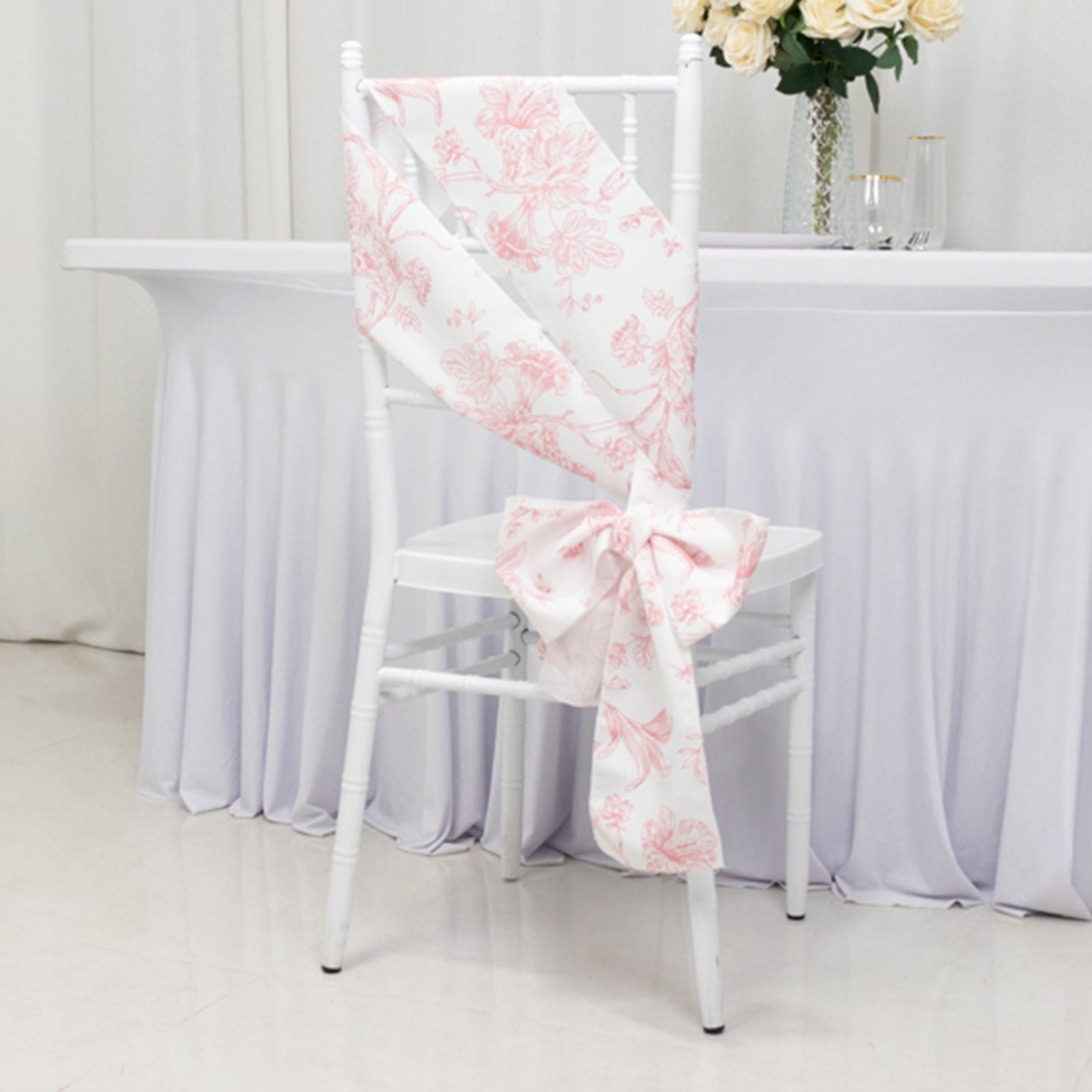 Hot Sale! Wrinkle-Resistant & Durable Polyester Chair Sashes in White/Pink French Toile Floral Design, 6x108