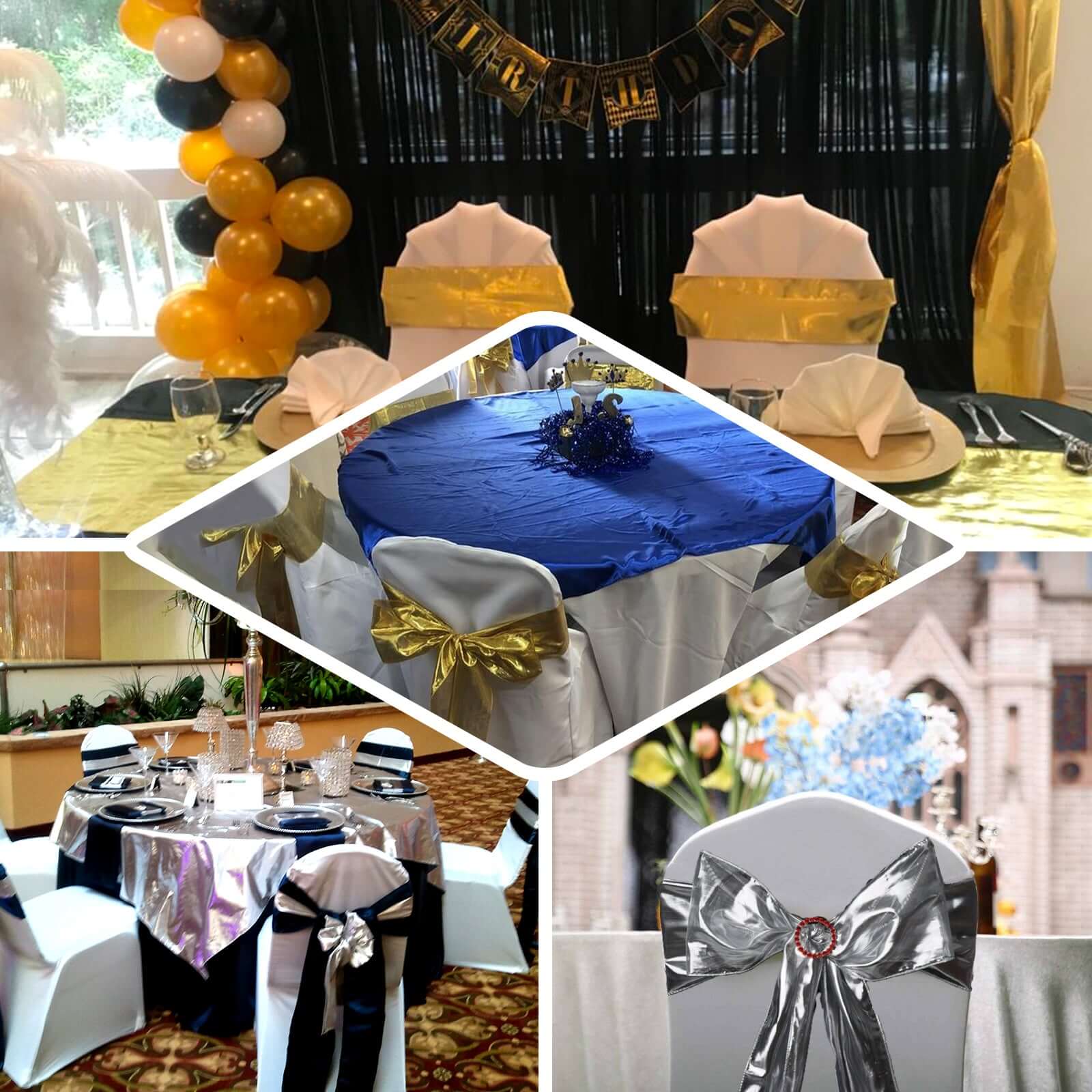 Set of 5 Shiny Gold Foil Metallic Polyester Chair Sashes for Weddings, Parties & Events - 6x108