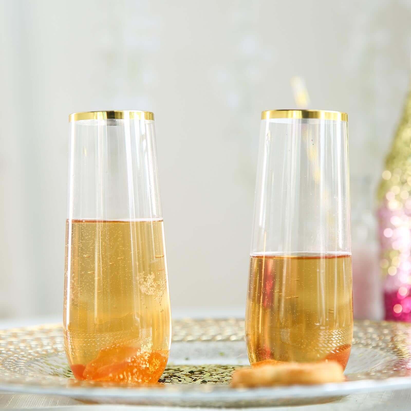 9oz Reusable 6-Pack Clear Plastic Stemless Champagne Flutes with Gold Rim