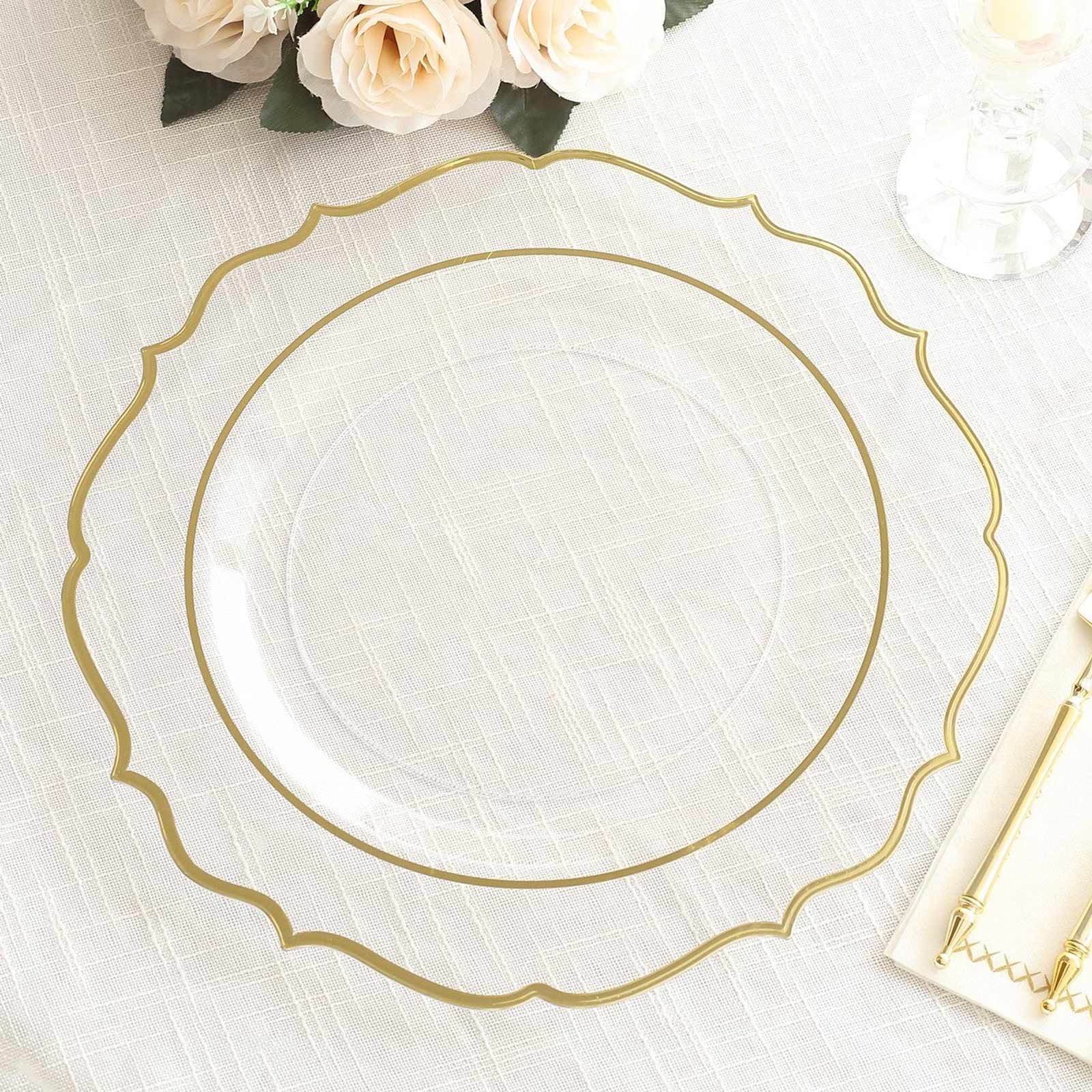 10-Piece Set of Clear Plastic Round Dinner Plates with Gold Scalloped Rims - Disposable for Parties