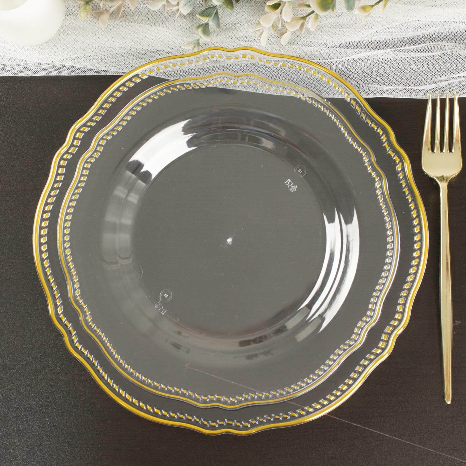 Hot Deal! 10-Pack Disposable Plastic Dinner Plates in Clear with Gold Scalloped Rim, 9 Inches