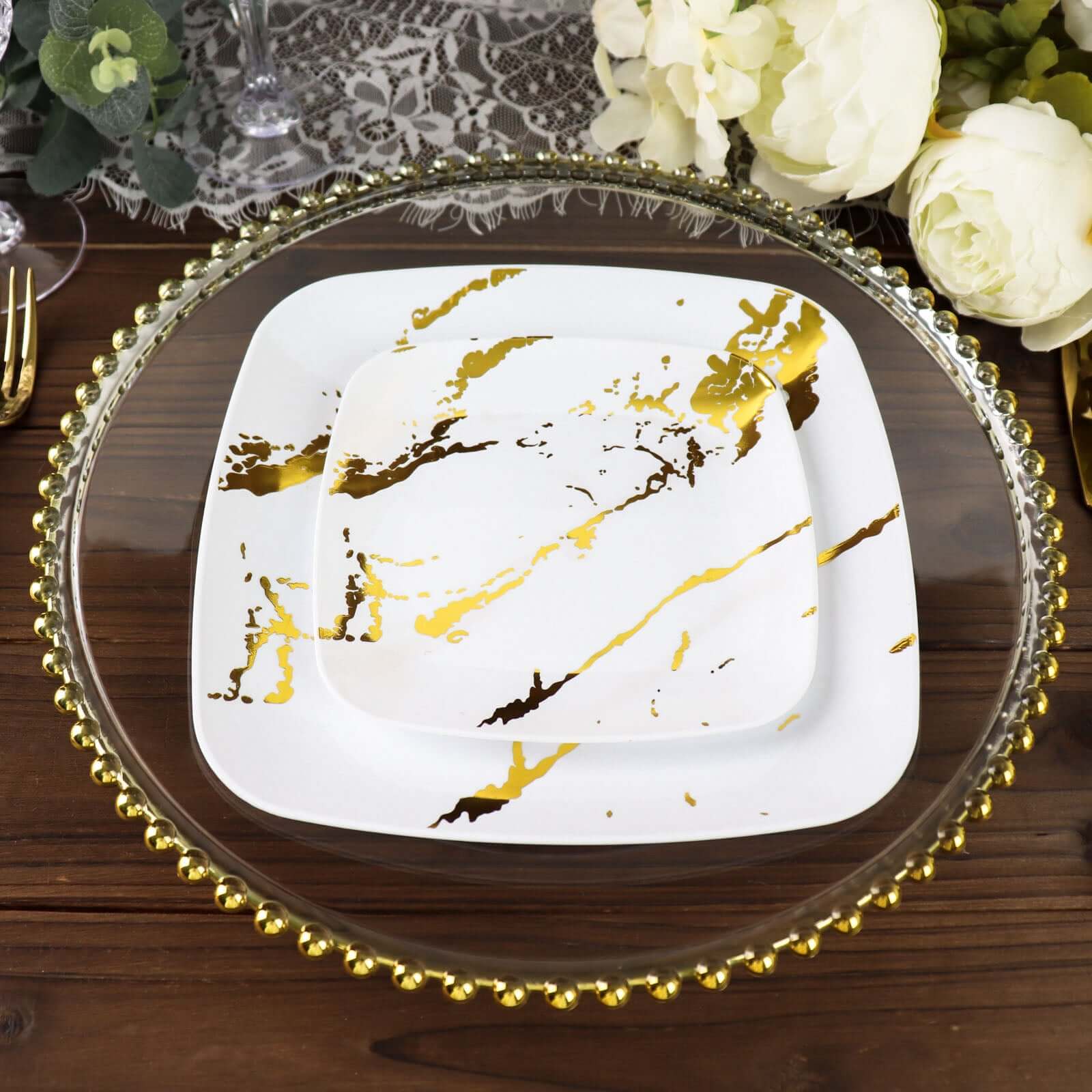10-Piece Set of White Plastic Square Dessert Plates with Gold Marble Design - Ideal for Weddings and Special Events