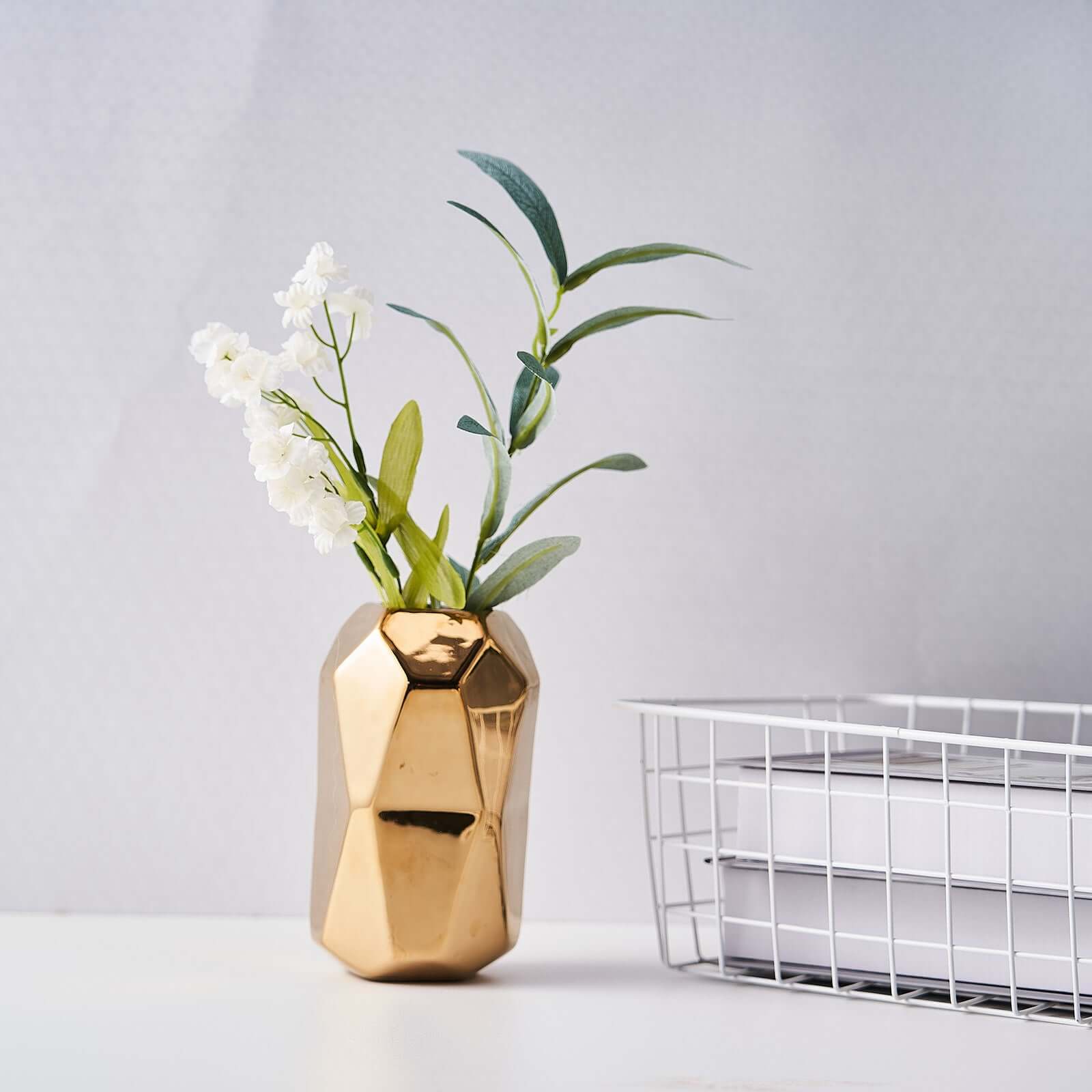 2-Pack Gold Metallic Ceramic Geometric Cylinder Vases - Ideal for Stylish Floral Arrangements