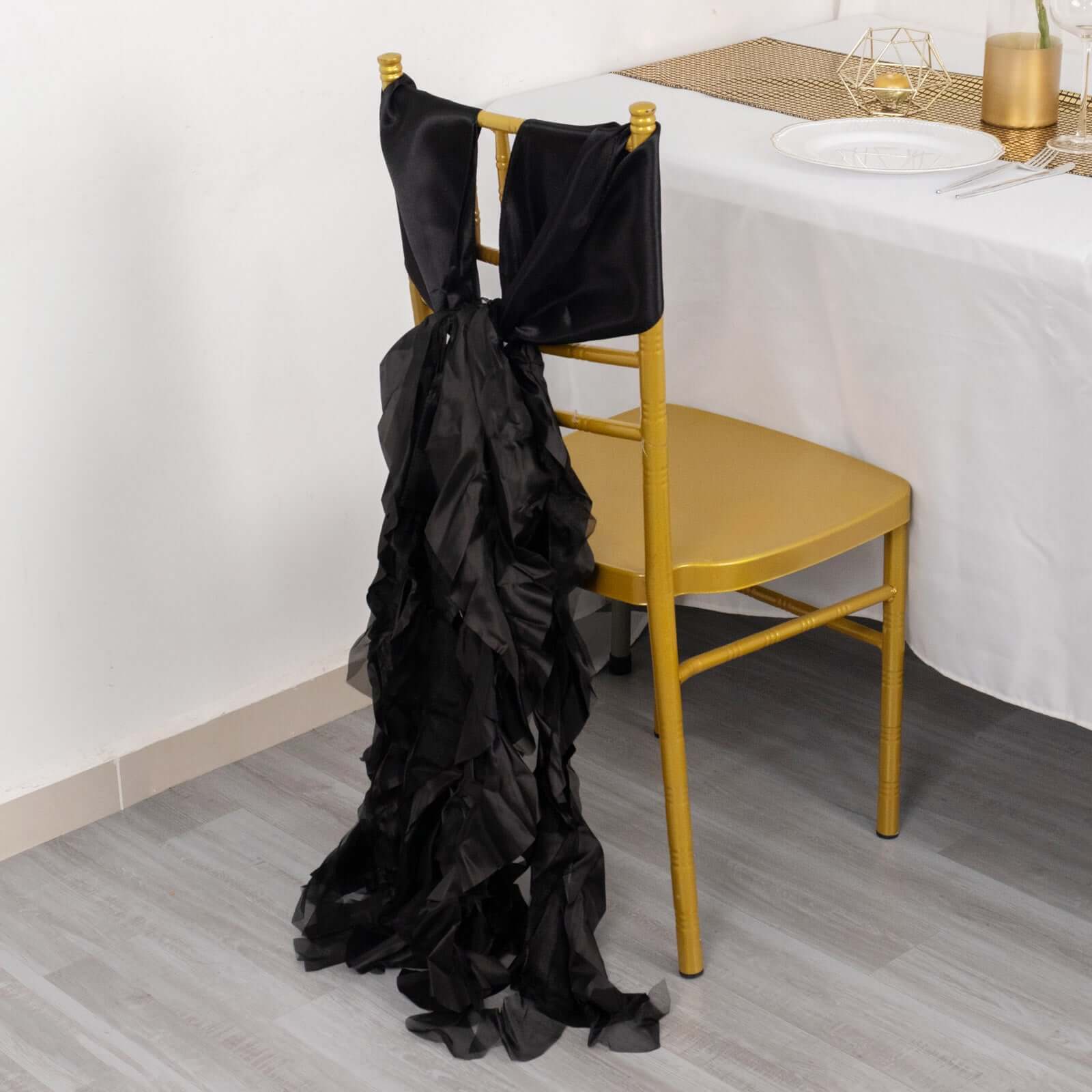 Special Offer! 5-Pack Black Chiffon Satin Curly Willow Chair Sashes for Wedding Decor