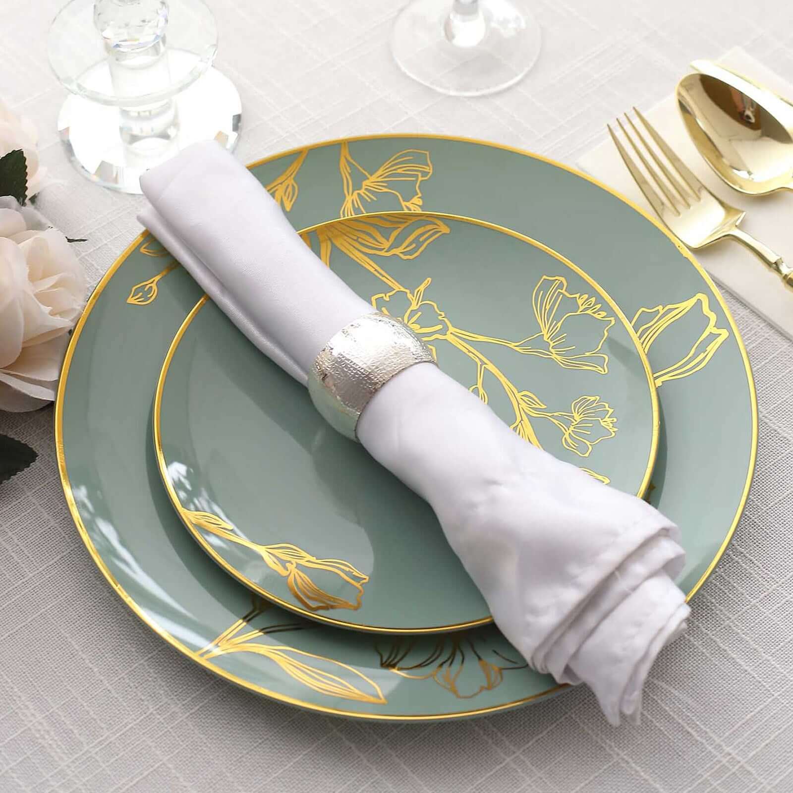 20-Piece Set of Disposable Plastic Dinner and Dessert Plates in Dusty Sage Green with Gold Floral Design