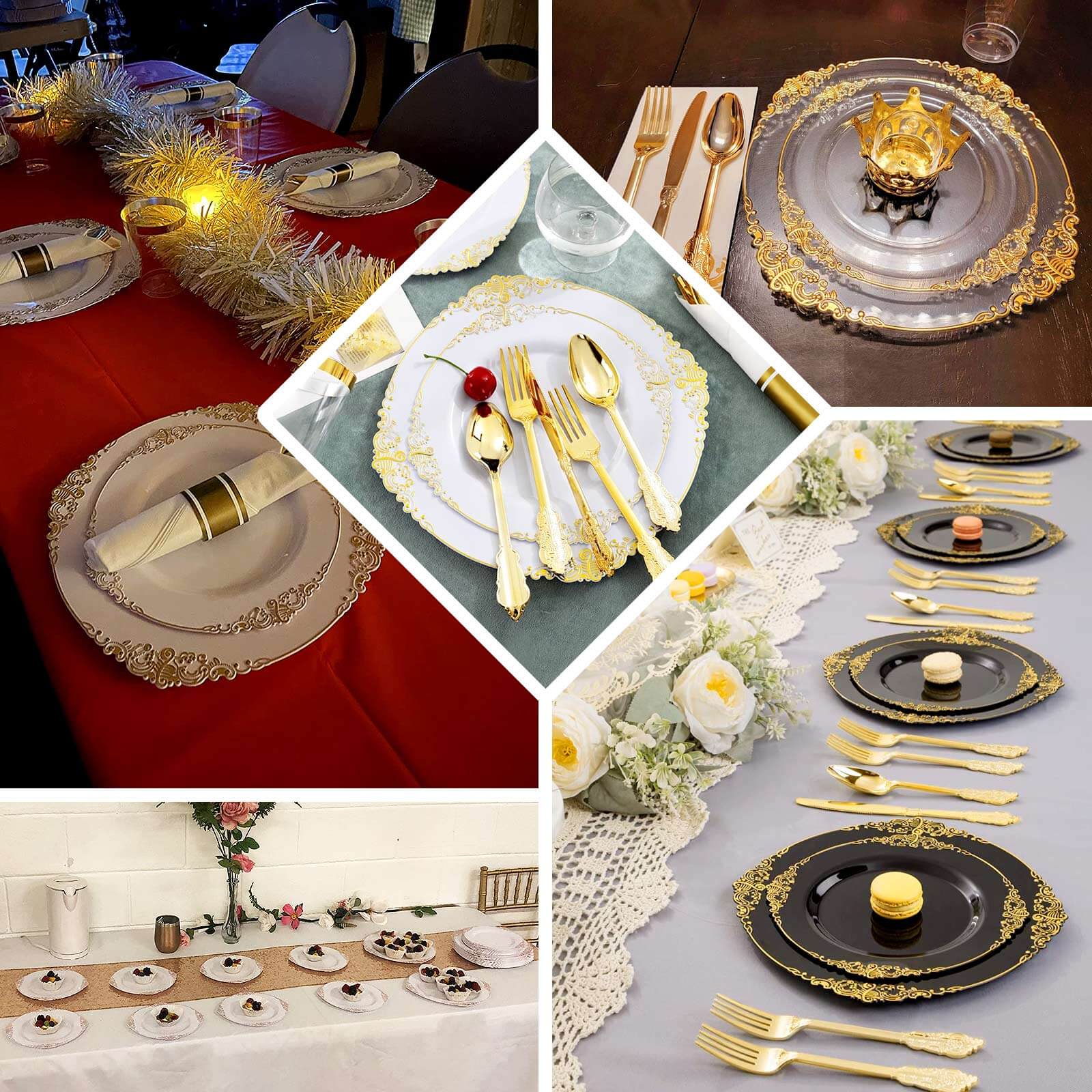 Hot Deal! 10-Pack Disposable Round Plastic Dinner Plates with Gold Leaf Embossed Rim in Vintage Baroque Style