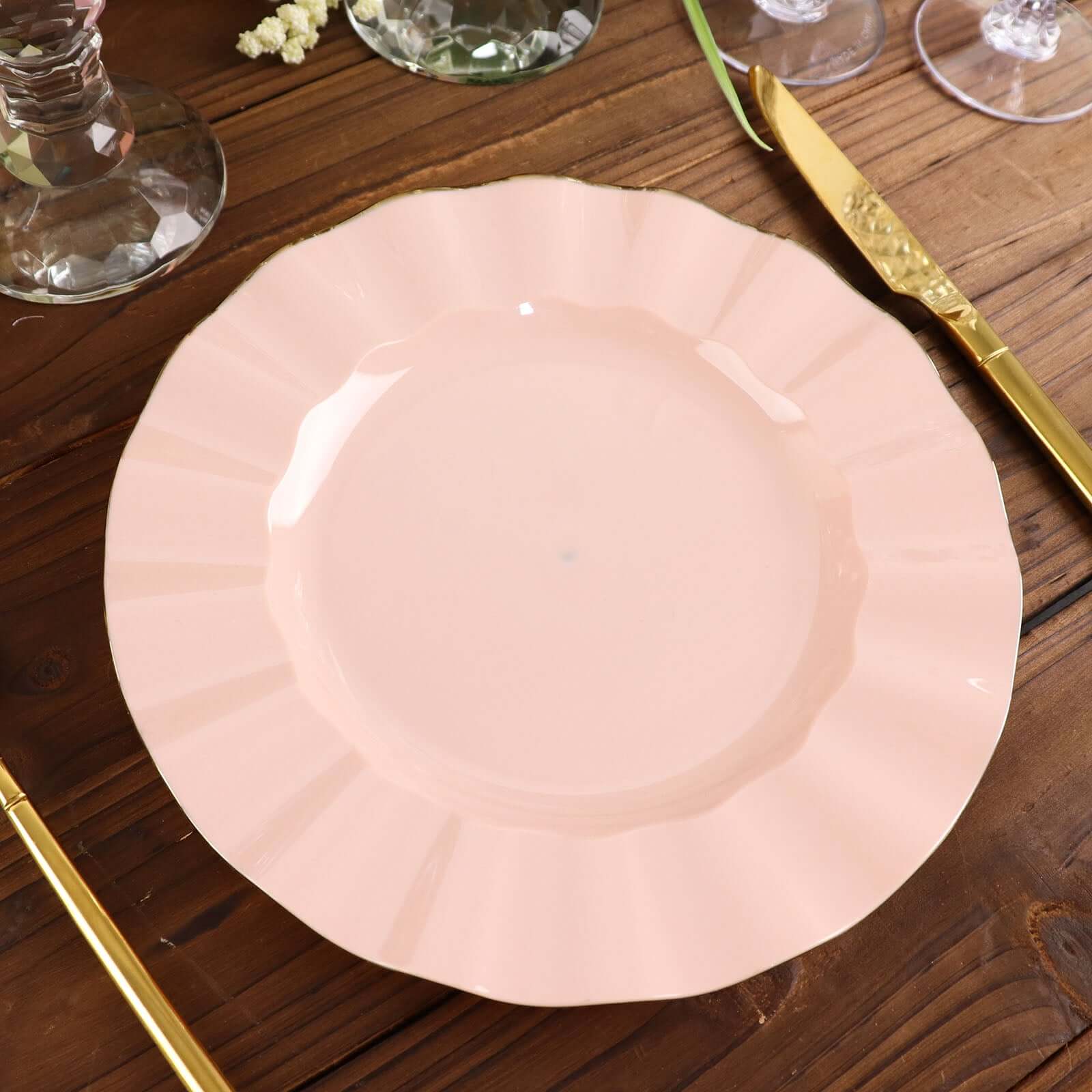 10-Pack Blush Plastic Round Dinner Plates with Gold Edging - Ideal Disposable Dinnerware